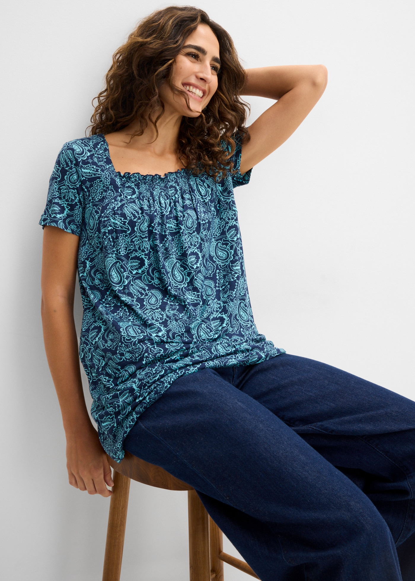 bonprix T-shirt tunique mit gerafftem Ausschnitt, in A-Linie, Kurzarm-Design