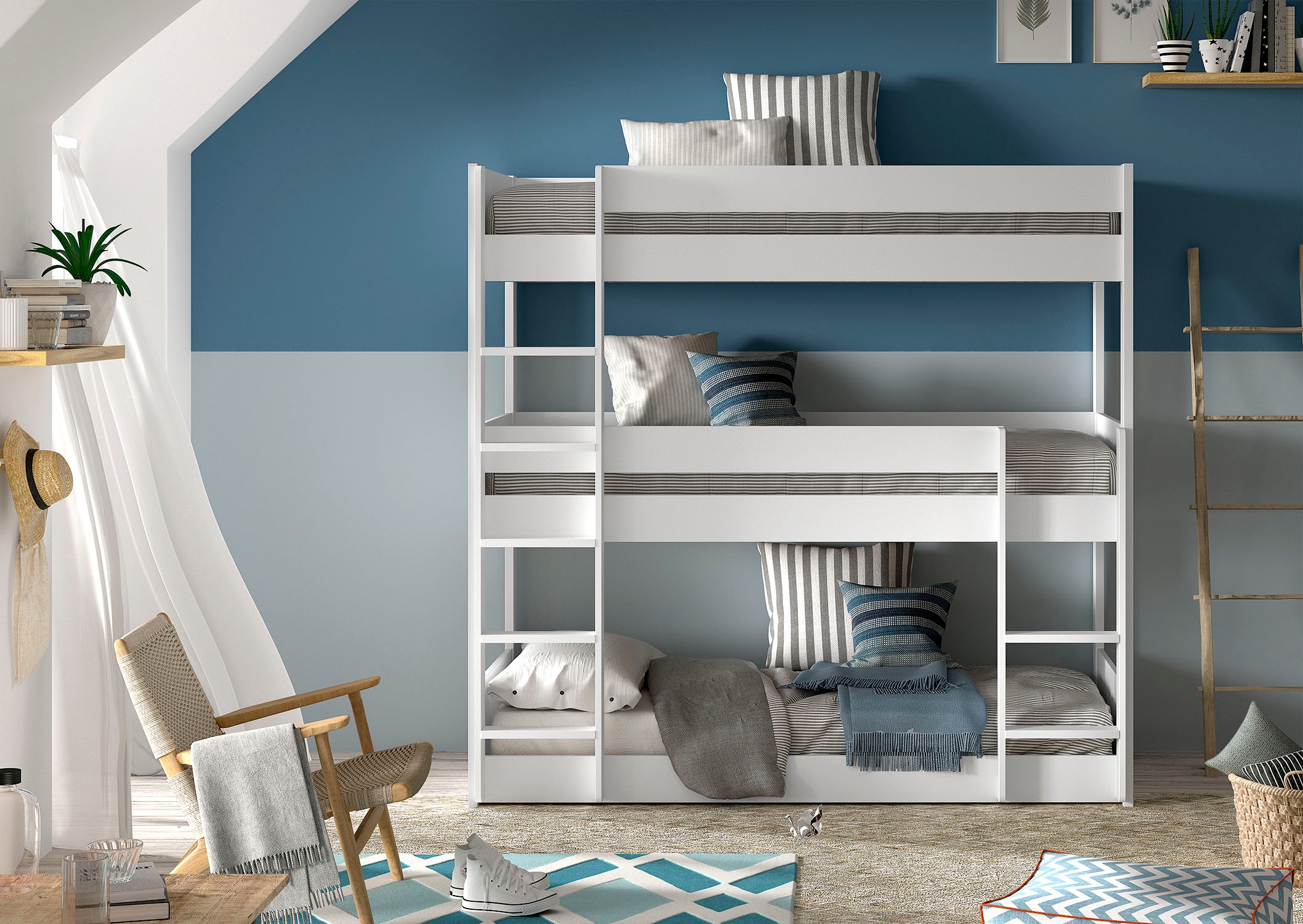 Vipack Etagenbett Made in Europe,  mit 3 LF á 90x200 cm und Rollrost, stabil gebaut, Kiefer massiv weiss