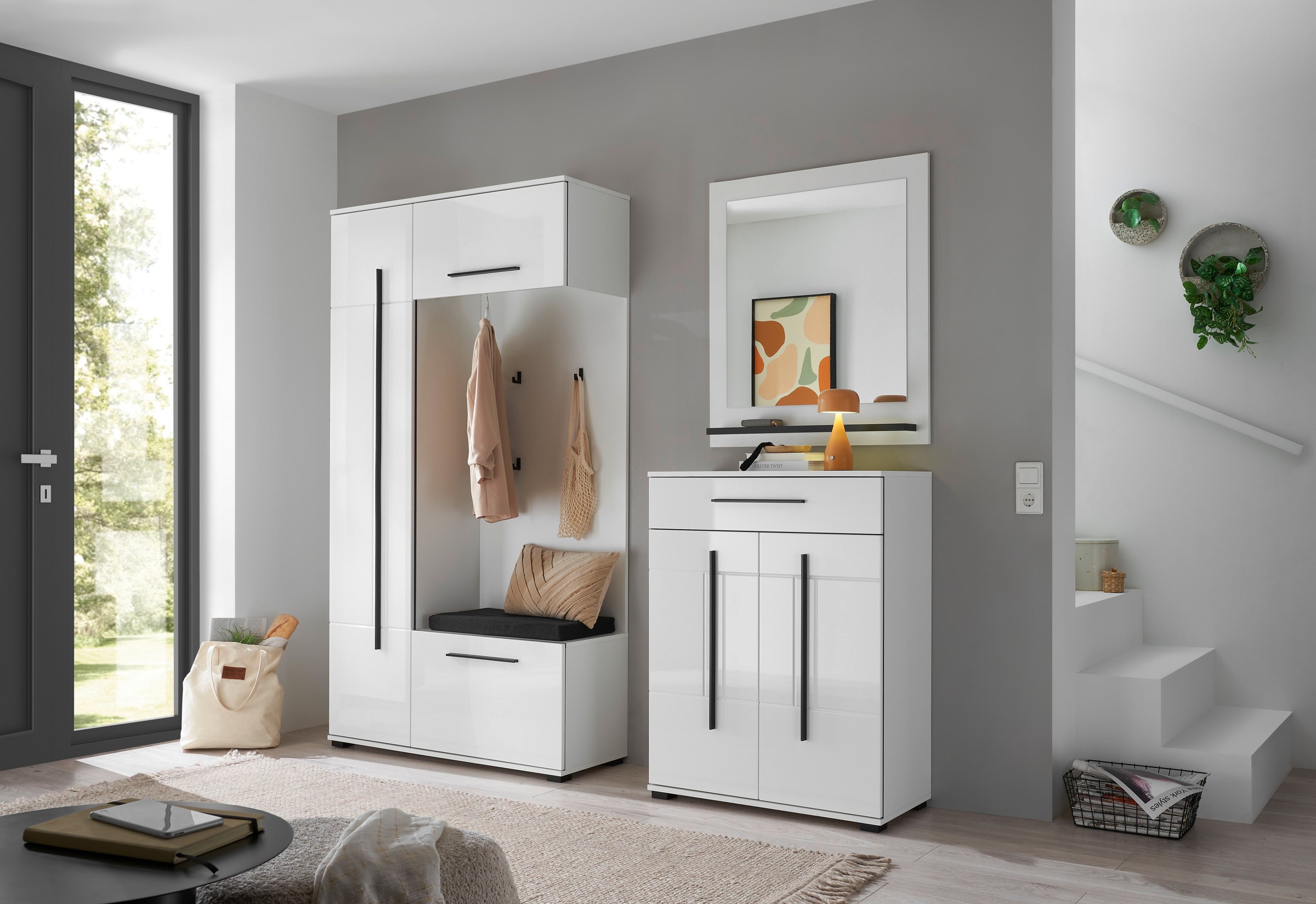Home affaire Kompaktgarderobe "Cantara Flurgarderobe, modern, 2 Farben, 111 cm breit" 2 Stk. tlg. unterschiedliche Stauraummöglichkeiten, inkl. Sitzkissen
