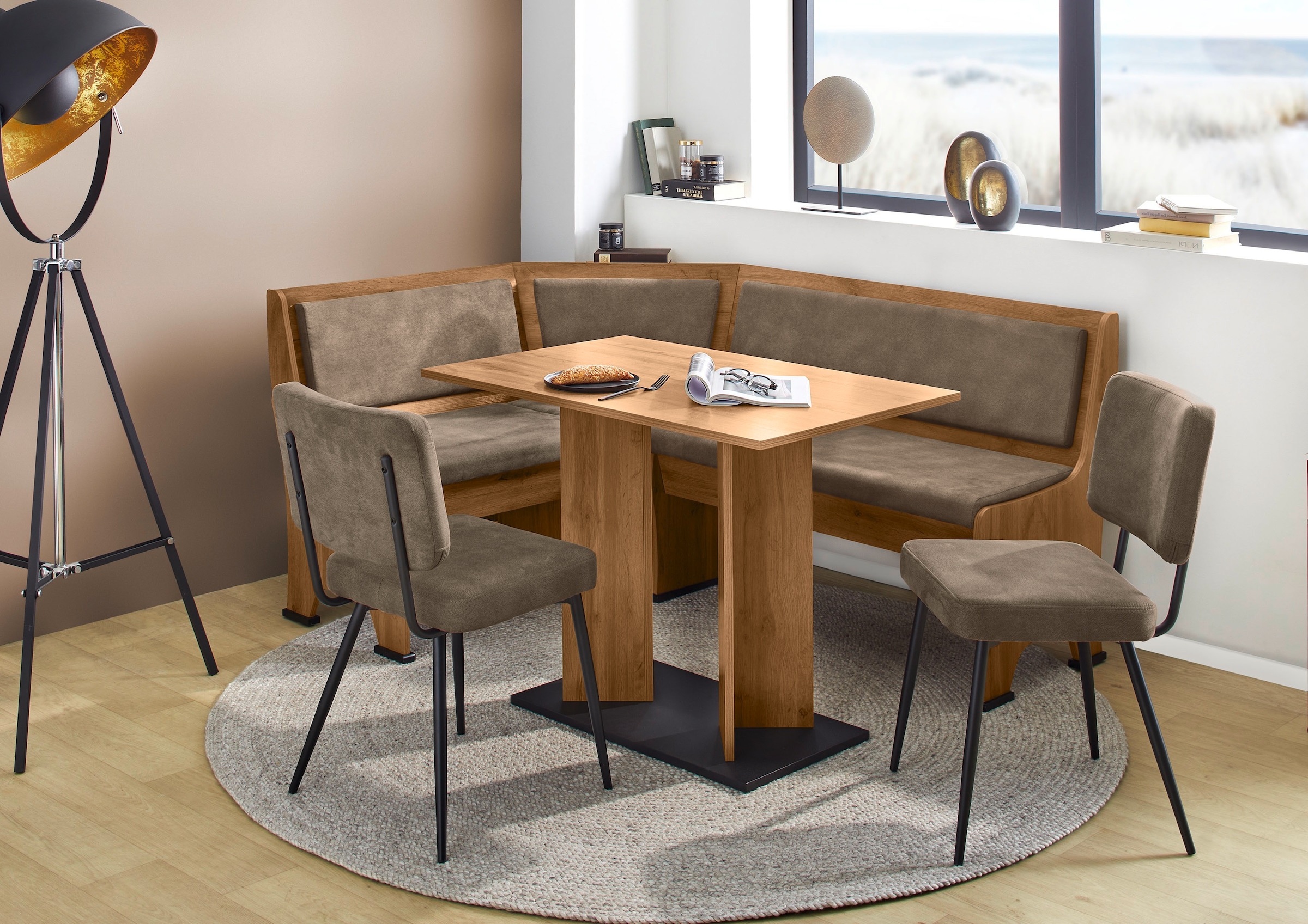 GOODproduct Ensemble de bancs d'angle »Theo (Set, 4-tlg. Tisch, Bank und 2 Stühle) 2 Farben wählbar« Bank links/rechts montierbar, mit Stauraum, Stühle im 2er Set