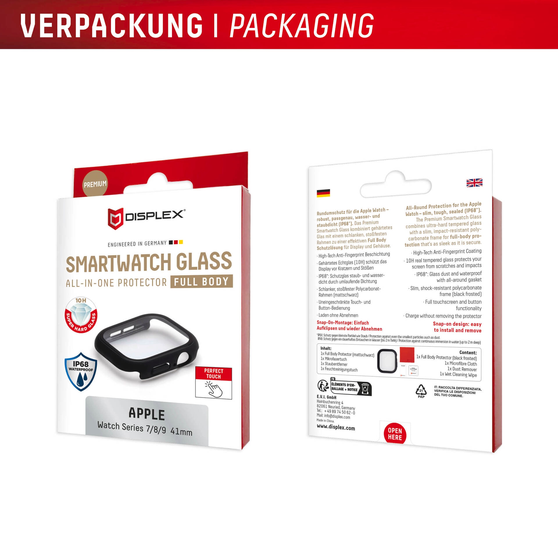 Displex Displayschutzglas »Smartwatch Glass All-In-One Protector Full Body«, für Apple Watch Series 7 41 mm-Apple Watch Series 8 41 mm-Apple Watch Series 9 41 mm, Displayschutzfolie, Schutzfolie, Bildschirmschutz, kratz- & stossfest