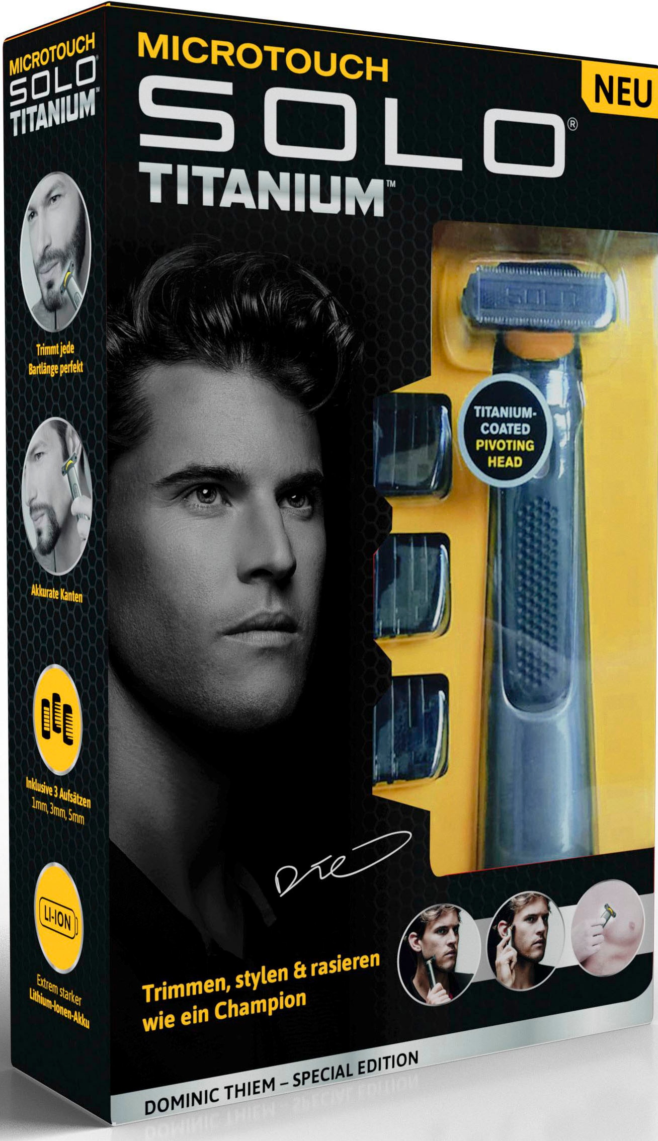 MediaShop Multifunktionstrimmer »MicroTouch Titanium Solo«, 3 Aufsätze, Trimmen, stylen & rasieren wie ein Champion