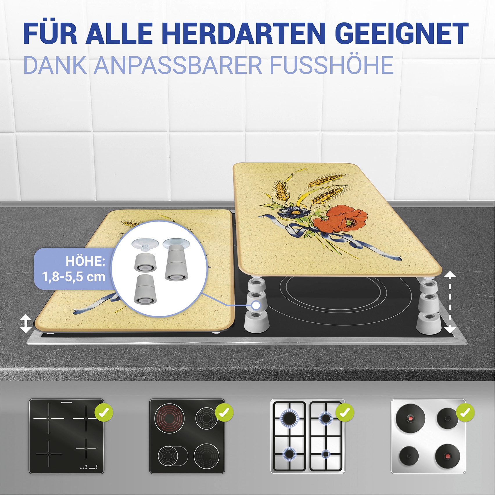 WENKO Herd-Abdeckplatte »Universal Modell Kornblumen«, (Set, 2 tlg.), Herdabdeckung für alle Herdarten, kratzfest, mit rutschfesten Füssen