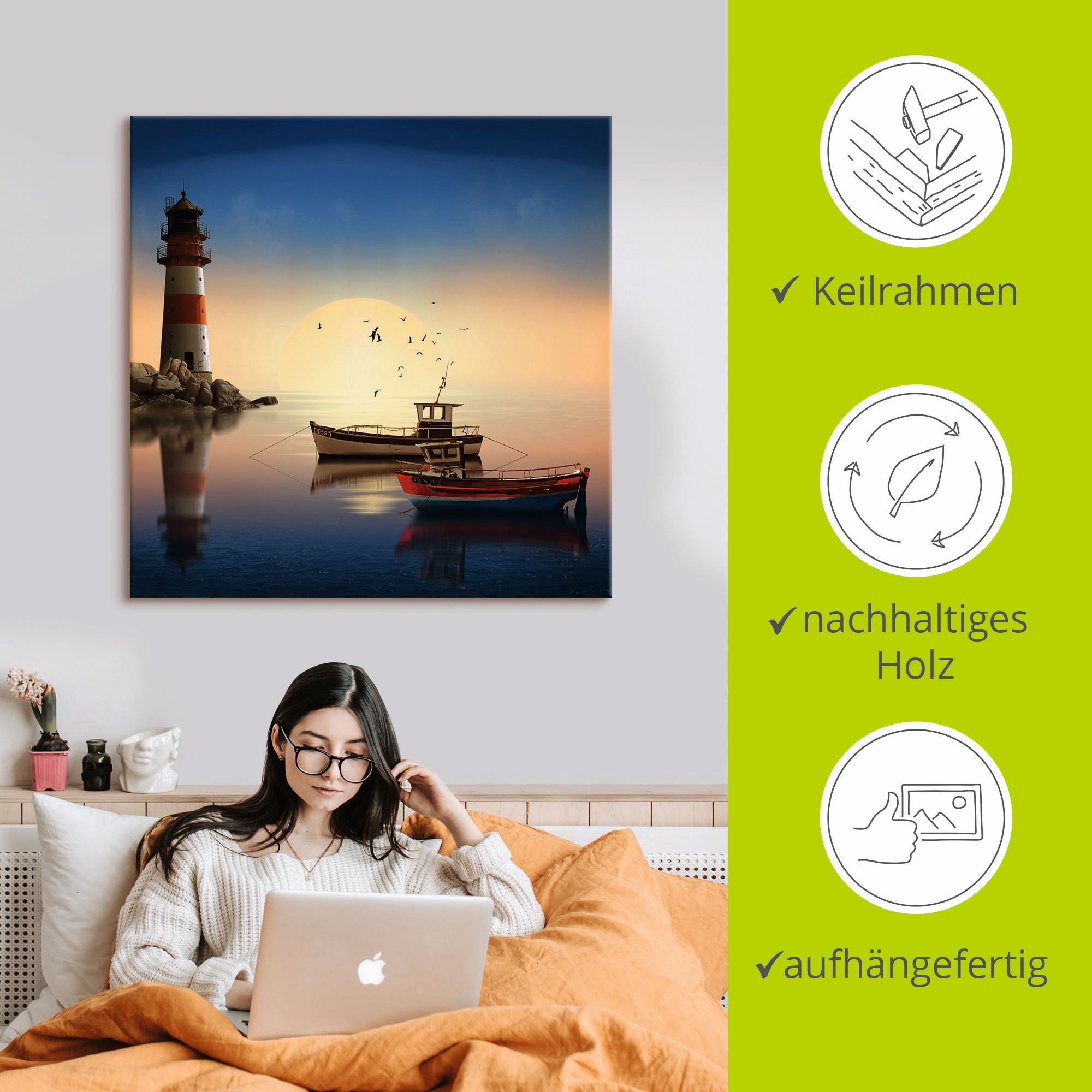 Artland Wandbild »Kleiner Hafen mit Leuchtturm«, Gebäude, (1 St.), als Leinwandbild, Wandaufkleber in verschied. Grössen