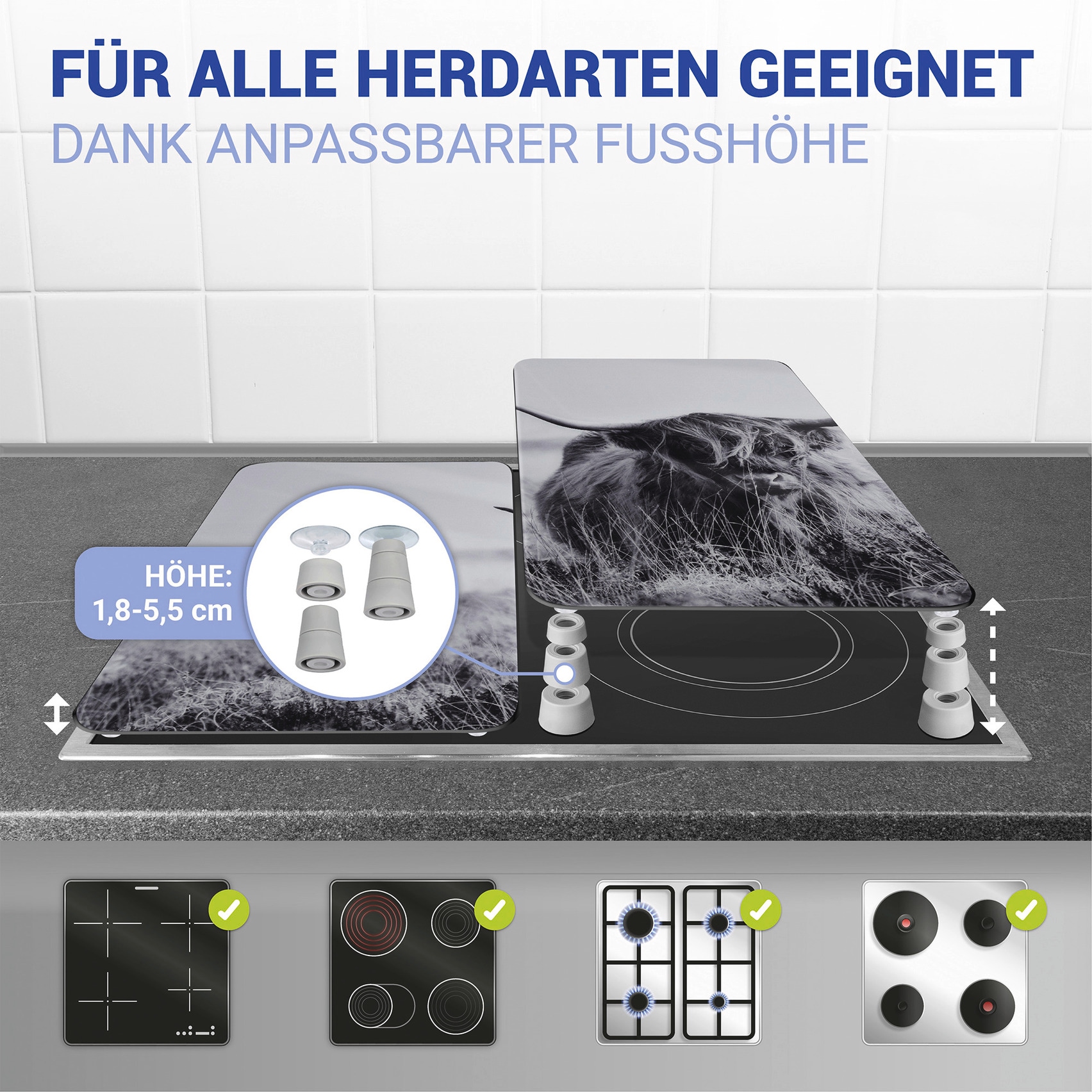 WENKO Herd-Abdeckplatte »Universal Modell Highland Cattle«, (Set, 2 tlg.), Herdabdeckung für alle Herdarten, kratzfest, mit rutschfesten Füssen