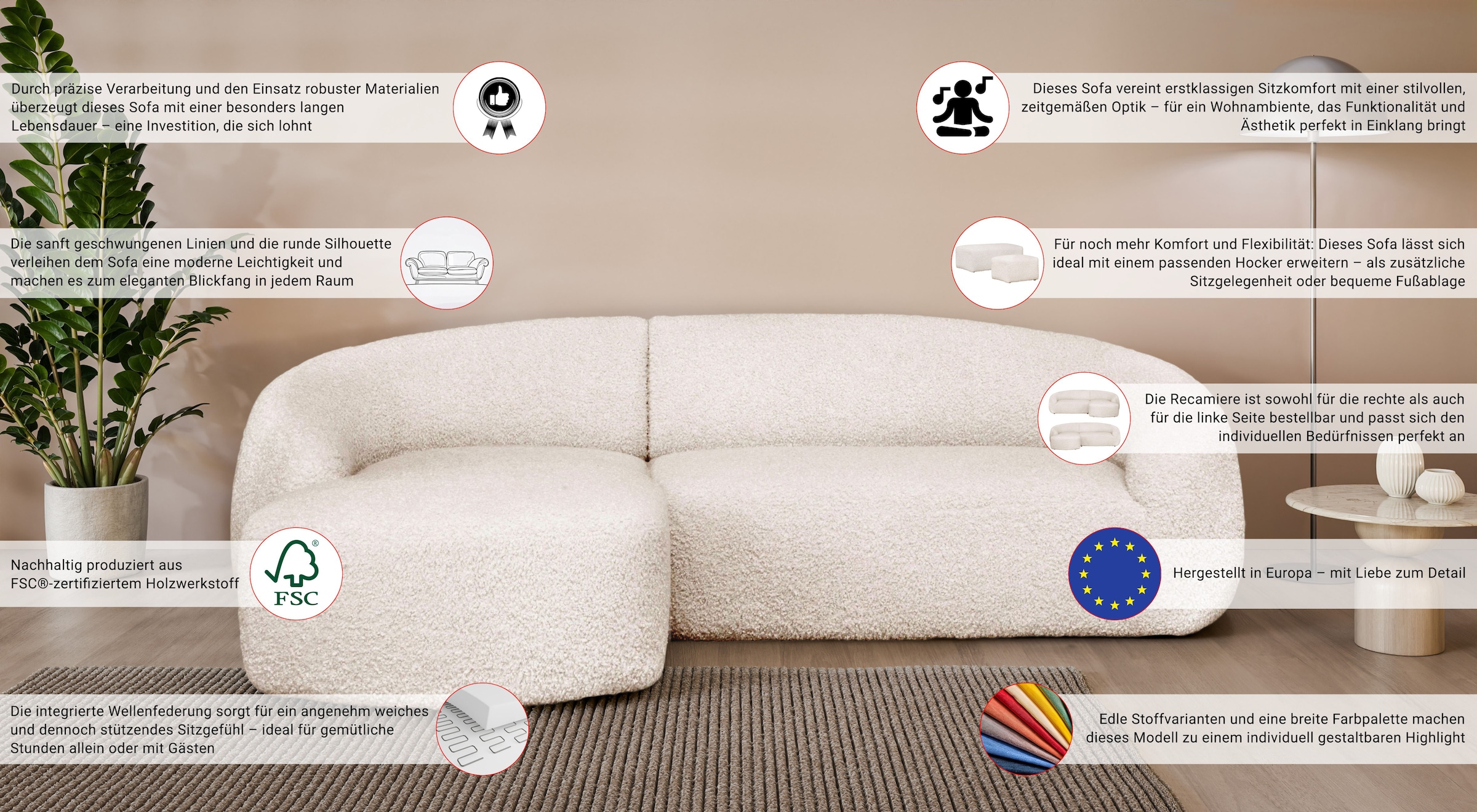 LeGer Home by Lena Gercke Ecksofa »YANI, L-Form, Designersofa, organische Form, Masse B/T/H: 255/170/81 cm«, mit Wellenunterfederung, auch in Bouclé, Recamiere rechts/links