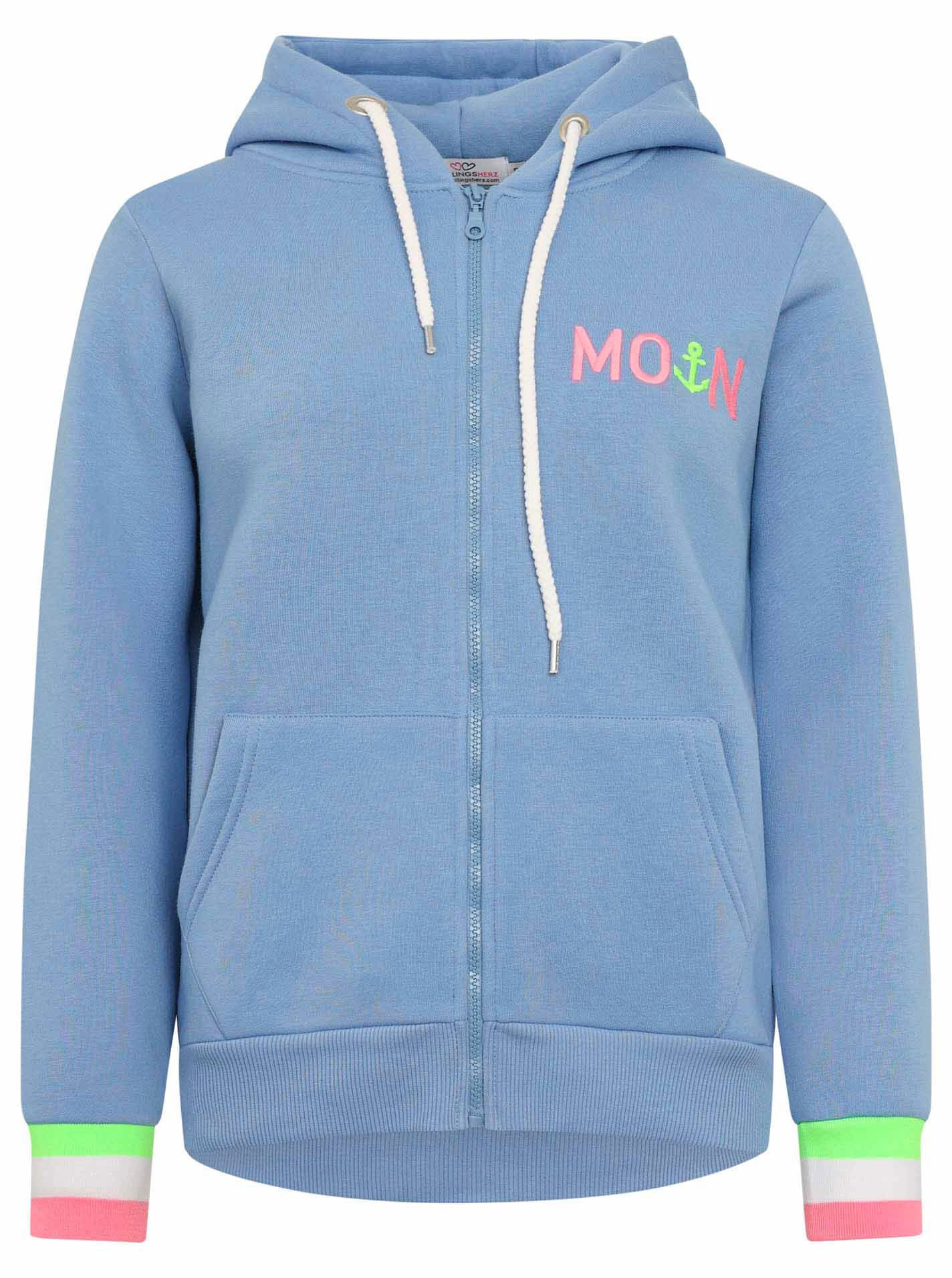 Sweatjacke, mit gesticktem "Moin" und neonfarbenen Details