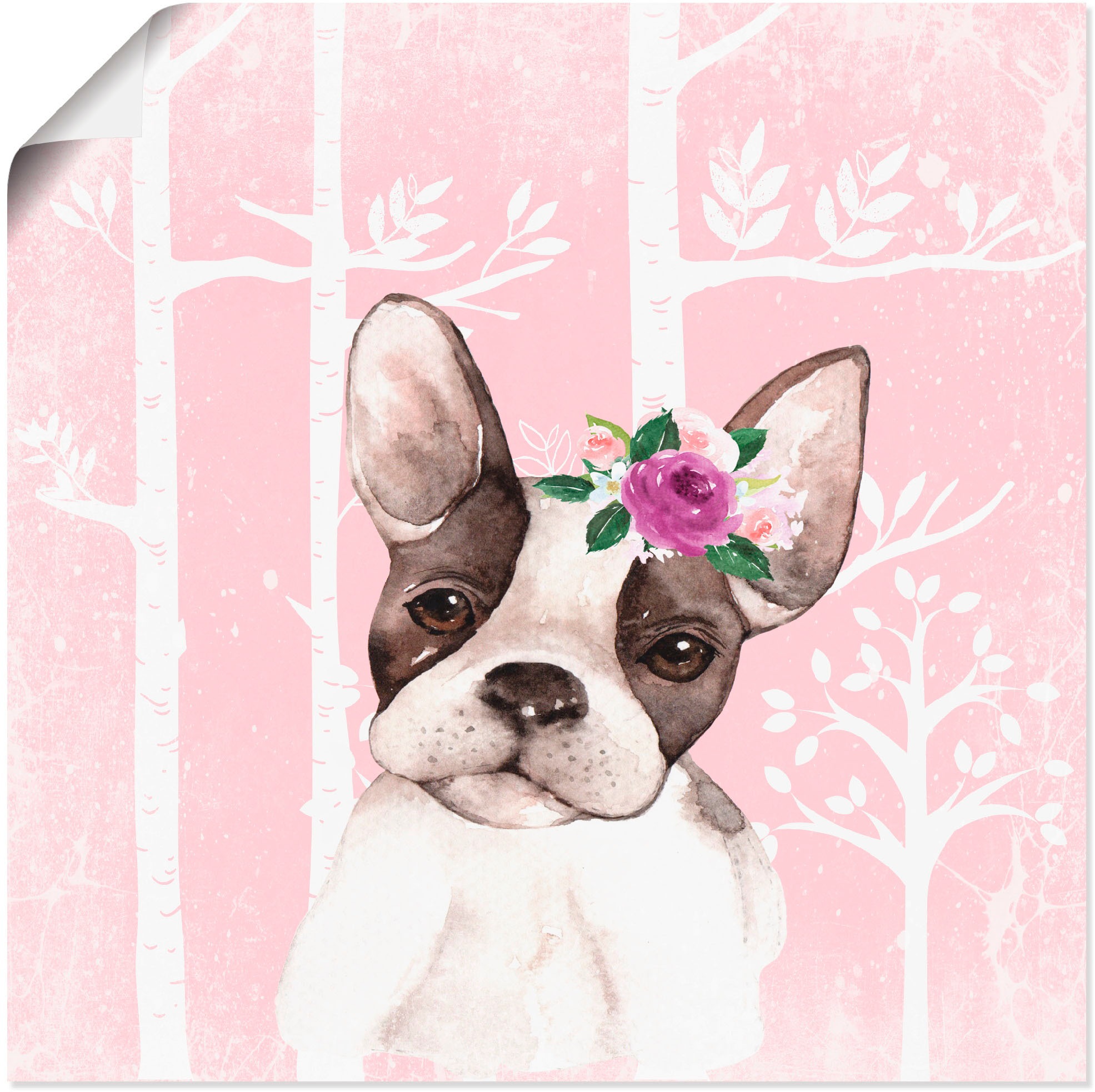 Image of Artland Wandbild »Mops Hund mit Blumen im pink Wald«, Tiere, (1 St.), in vielen Grössen & Produktarten - Alubild / Outdoorbild für den Aussenbereich, Leinwandbild, Poster, Wandaufkleber / Wandtattoo auch für Badezimmer geeignet bei Ackermann Versand Schwe
