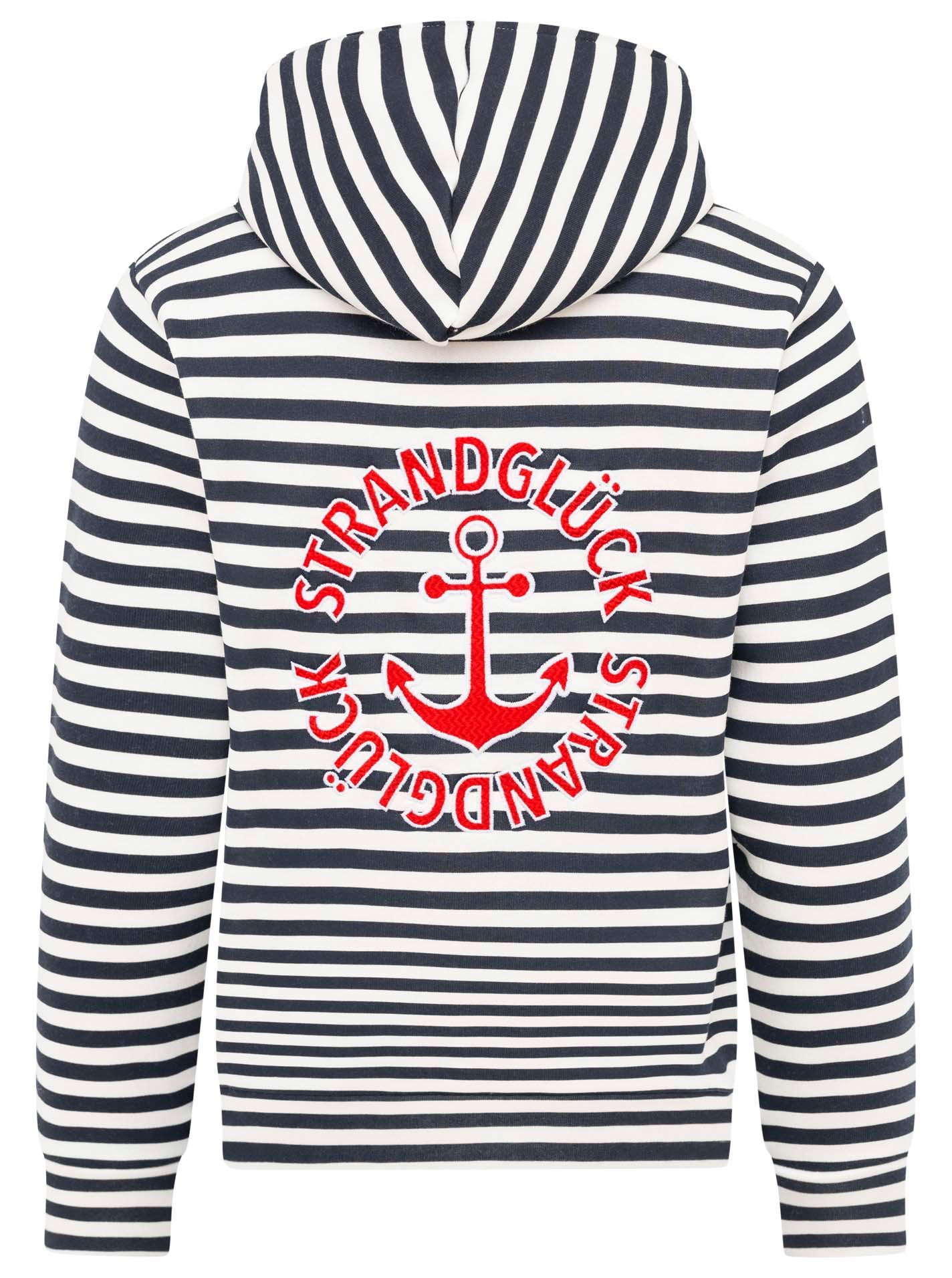 Zwillingsherz Sweat à capuche »"Streifen Strandglück"« veste à capuche rayée avec broderie Strandglück et ancre dans le dos