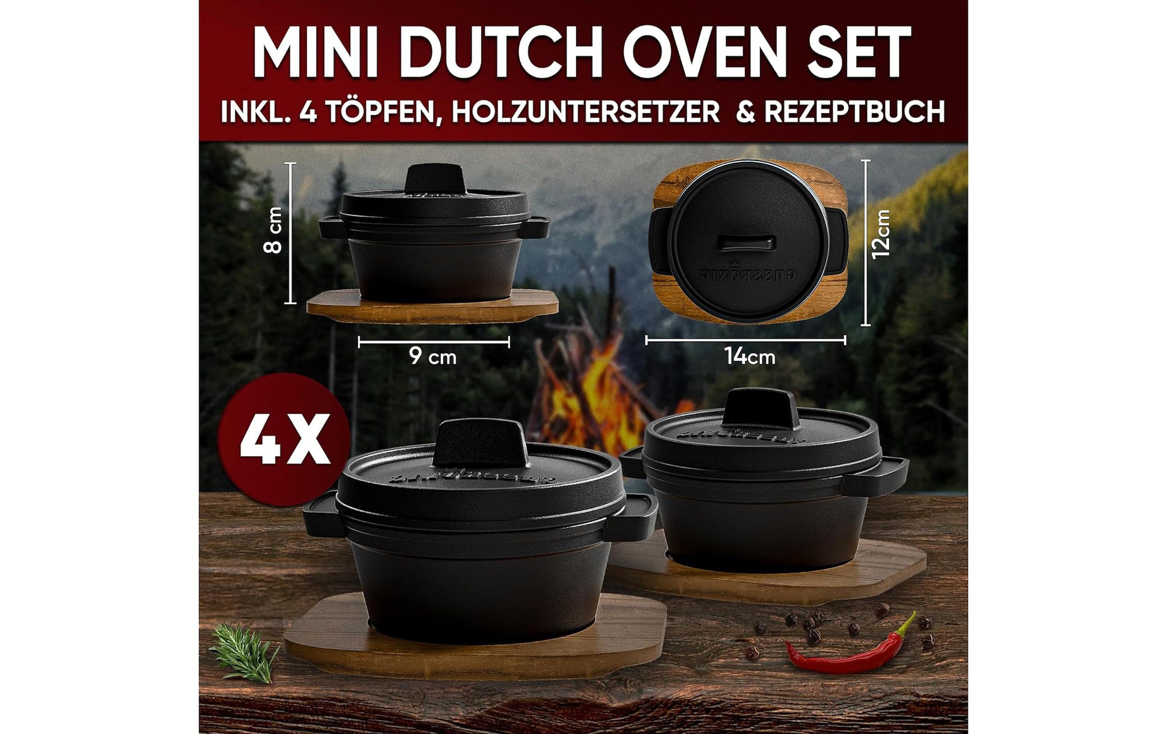   Marmite à barbecue »Gusskoenig Mini Dutch Set 4 Töpfe, Untersetzer« 8 cuis tlg. Set 4 Töpfe mit Holz-Untersetzern und Rezeptbuch