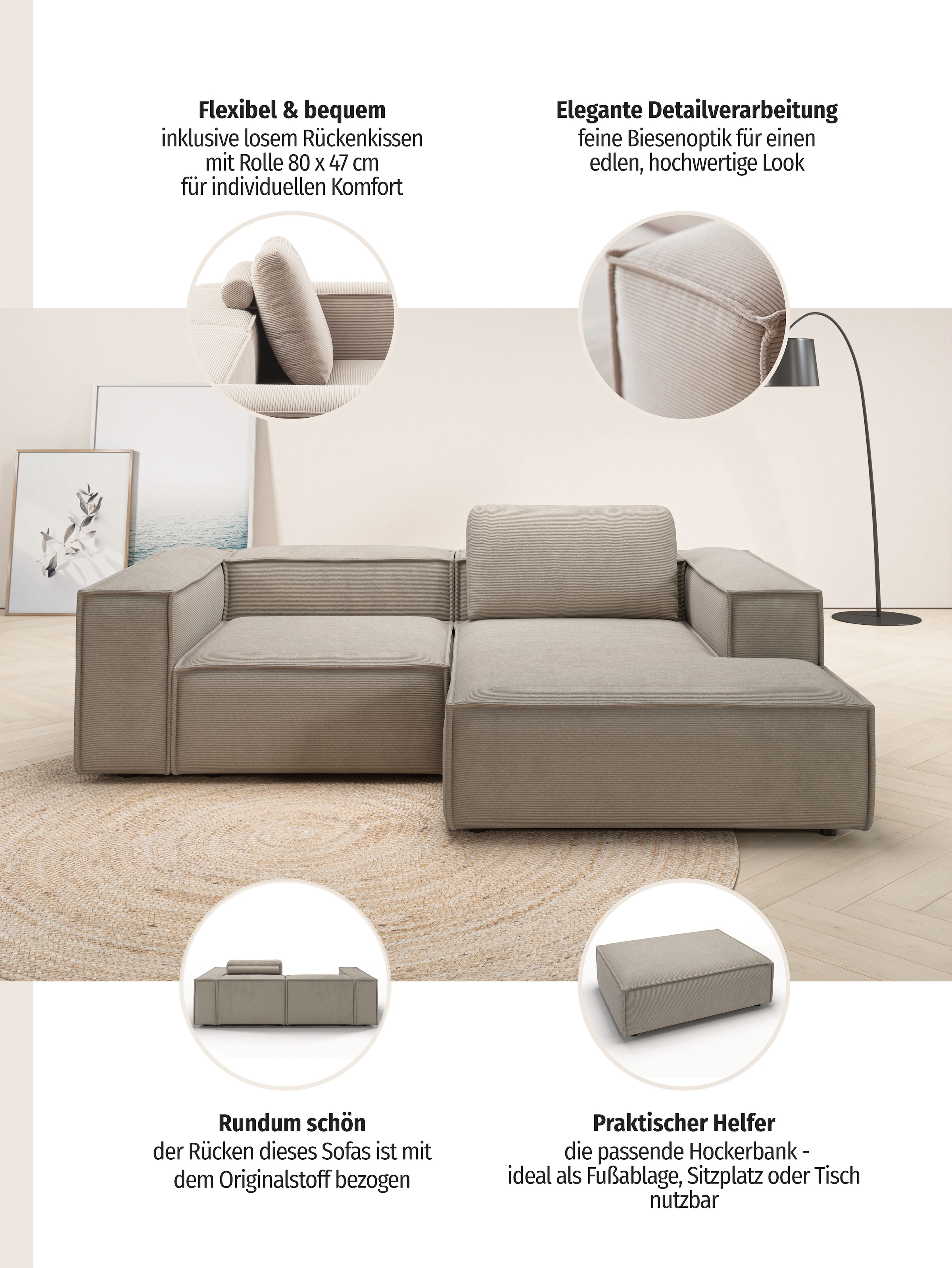 Home affaire Ecksofa »Watertown, kompakte L-Form, 246 cm breite für kleinere Räume« modernes Ecksofa mit Feincordbezug, platzsparend & bequem