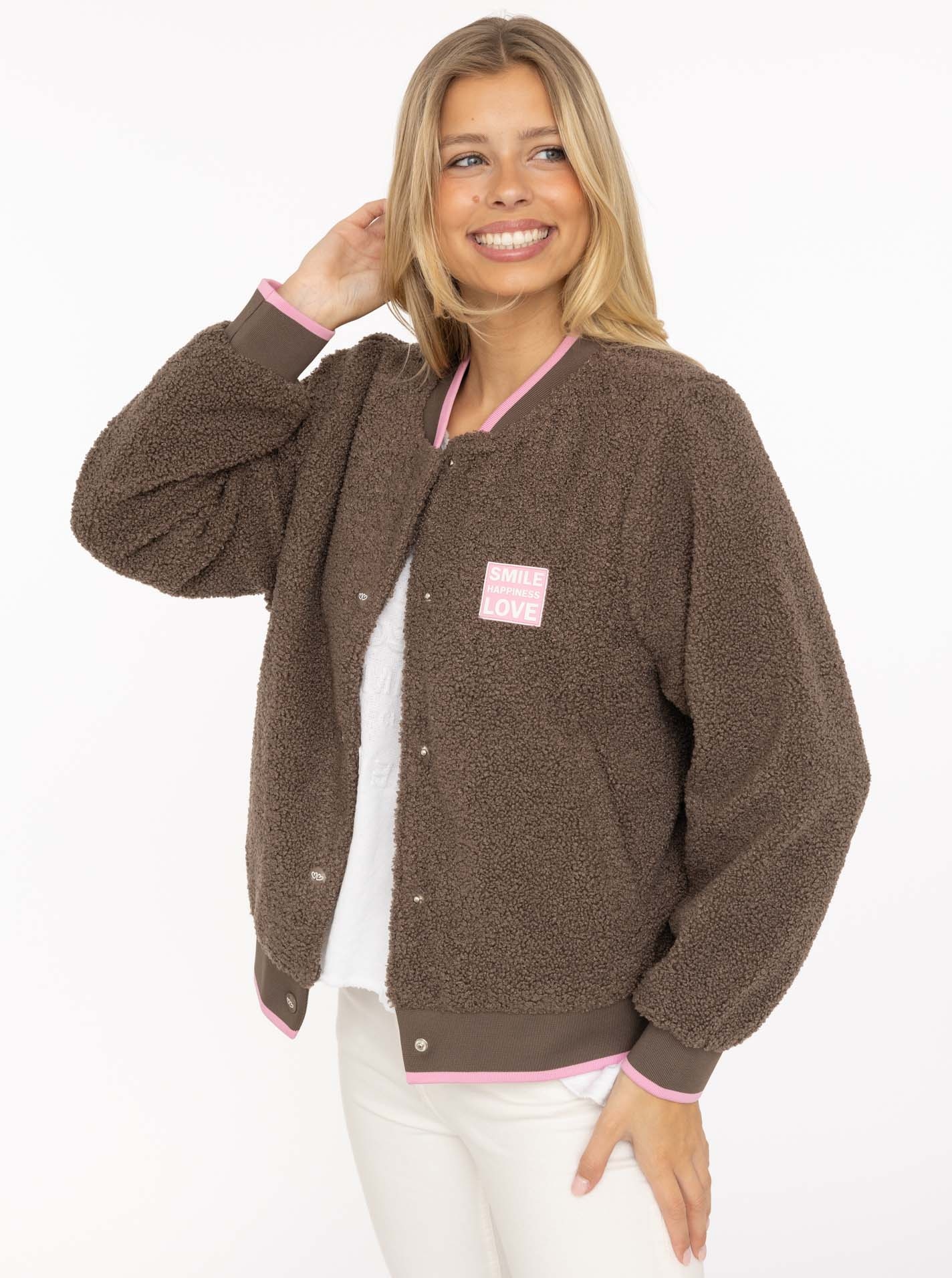 Image of Zwillingsherz Bomberjacke ""Smile Love"" ohne Kapuze seitliche Taschen, Knopfleiste, Kontrastbündchen, Patch
