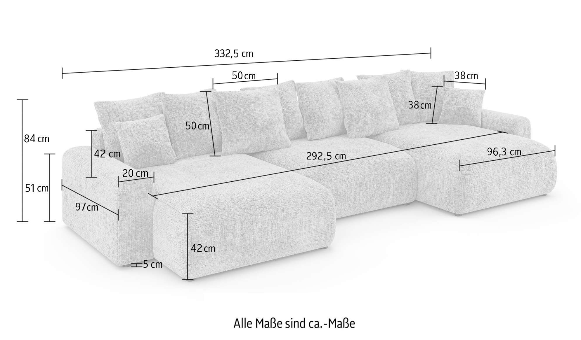 Home affaire Wohnlandschaft »LAKESIDE mit Bettfunktion und Bettkasten, Masse B/T/H: 332,5/142/84 cm«, U‑Form mit vielen Kissen und Wellenunterfederung