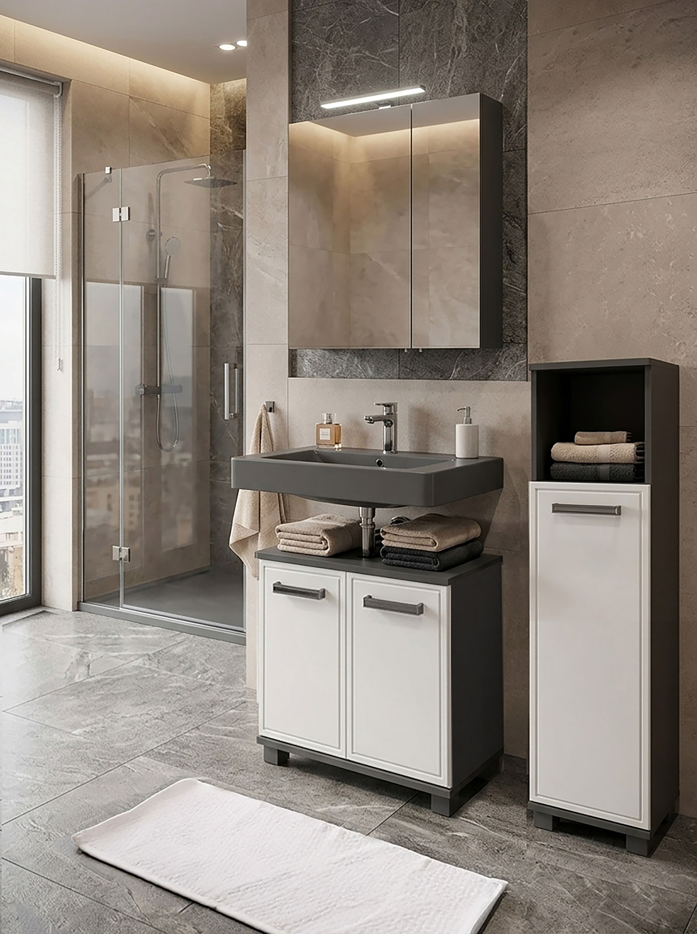 Schildmeyer Armoire sous lavabo »ADANA, Breite 59,8 cm, 2 Türen, Siphonausschnitt, MADE IN GERMANY« 1 cuis tlg. façades MDF profondes avec gaufrage de cadre tout autour, FABRIQUÉ EN ALLEMAGNE