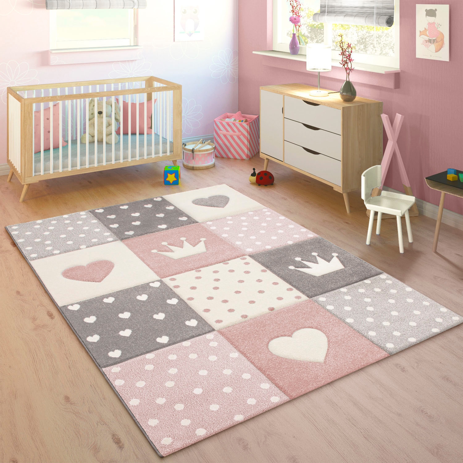 Image of Paco Home Kinderteppich "Cosmo 339" rechteckig 16 mm Höhe Kurzflor, Pastell-Farben, 3D-Effekt, Motiv Herz, Punkte & Krone