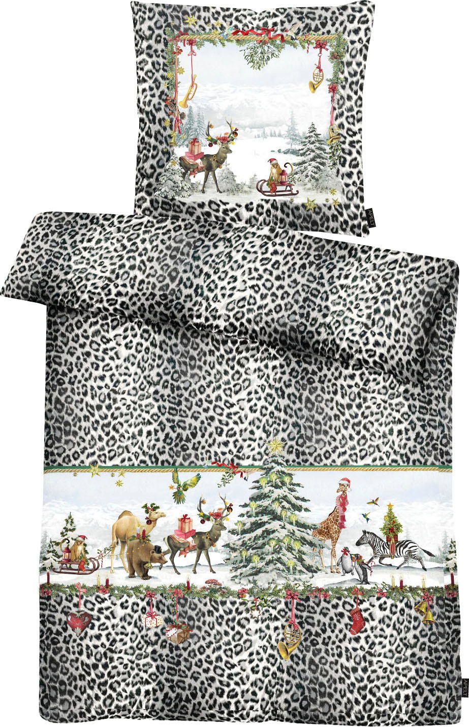 Image of APELT Bettwäsche "Hugo" 2 Stk. Winterwelt mit exotischen Tieren und Leoprint-Umrandung