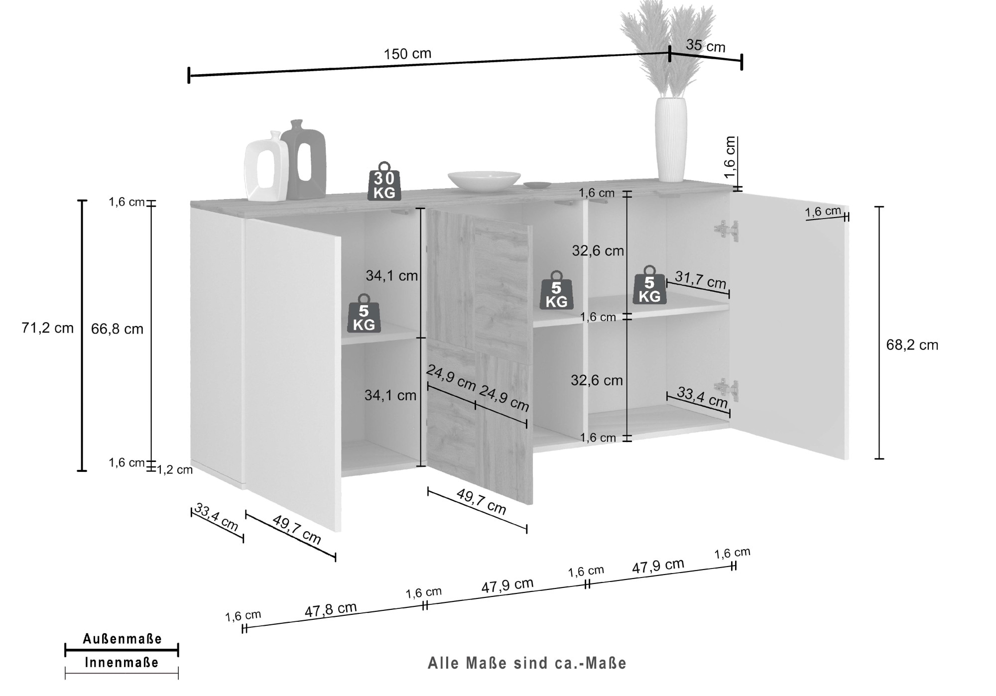 GOODproduct Sideboard »ISEO, Kommode, Schrank, Sideboard, Lowboard, 6 Fächer, Breite 150 cm« 1 Stk. tlg. stehend/hängend, 3 Türen, 6 Fächer, Breite 150 cm