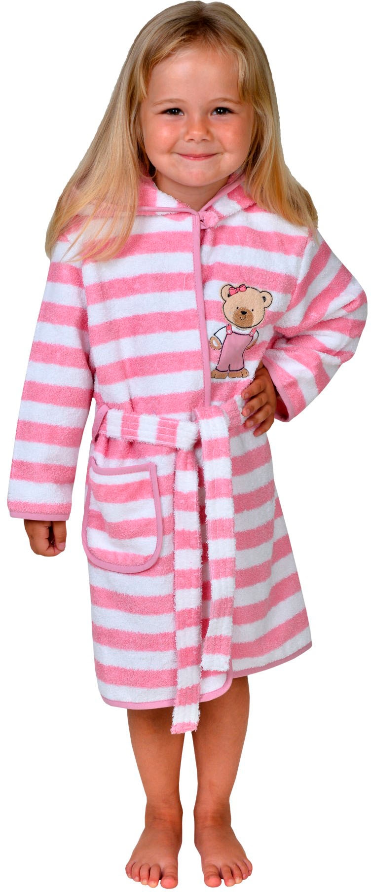 Image of Wörner Kinderbademantel "Teddy Ringel rosa" 1 Stk. Streifenmuster, mit Stickerei, mit Tasche, maschinenwaschbar