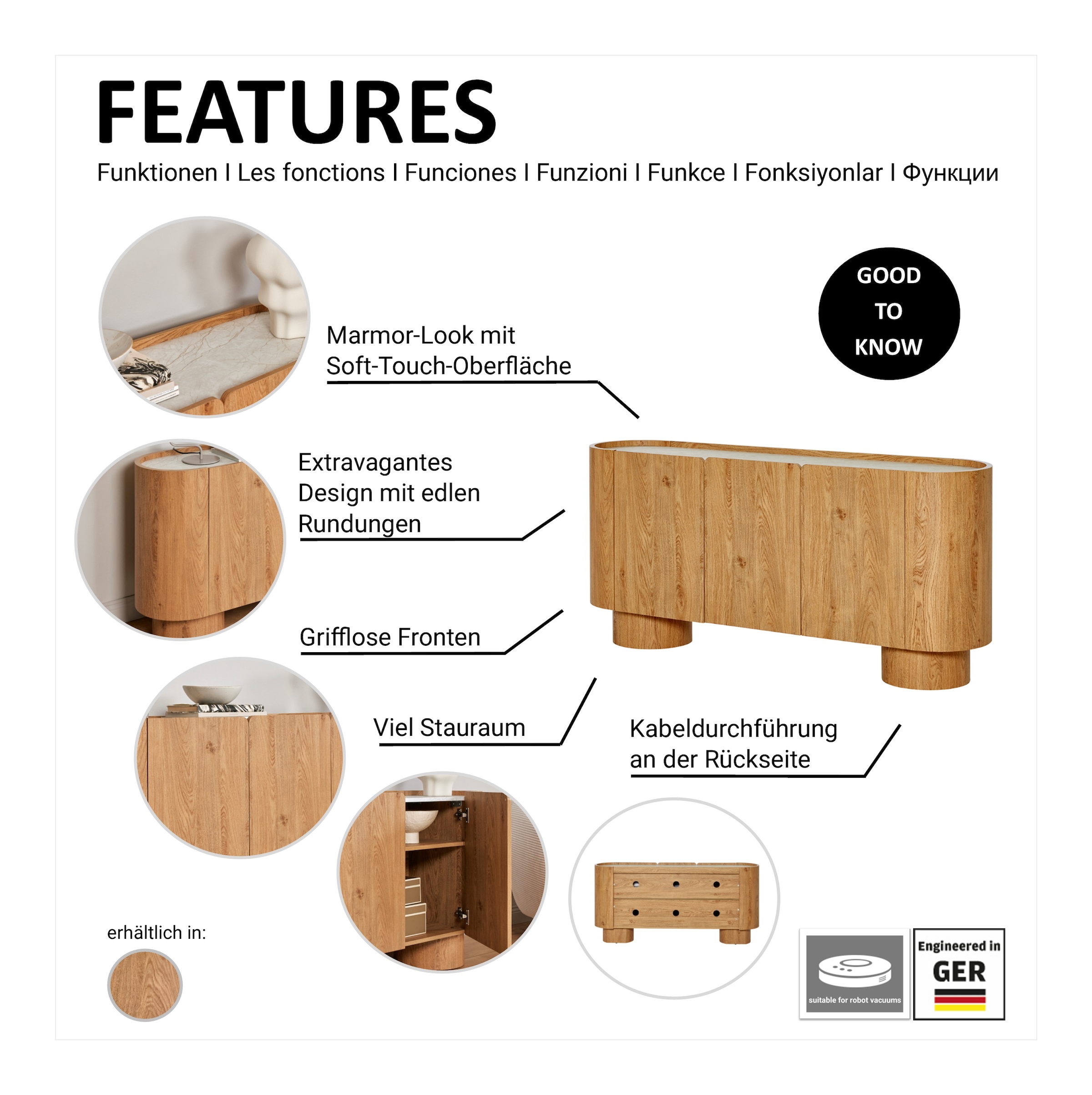 Jahnke Sideboard »CIRCO SB 160« 1 Stk. tlg. Sideboard, 3-türig, gerundetes Design, Marmor-Look, Breite 160 cm