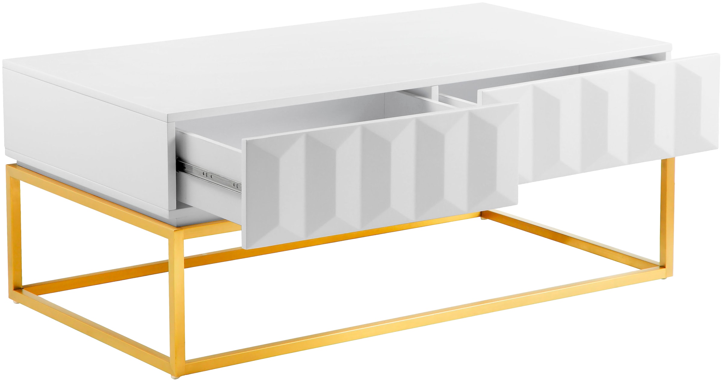Leonique Couchtisch »Alais«, in 3D-Optik, mit zwei Schubladen und goldfarbenem Metallgestell