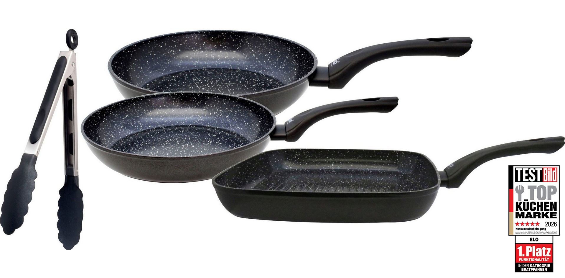 Image of Elo Pfannen-Set "Pure Belugo" Aluminium Set, je 1 Bratpfanne Ø 20/24 cm, 1 Grillpfanne 28x28 cm, 1 Servierzange, 4 Stk. tlg. keramische Beschichtung, Induktion