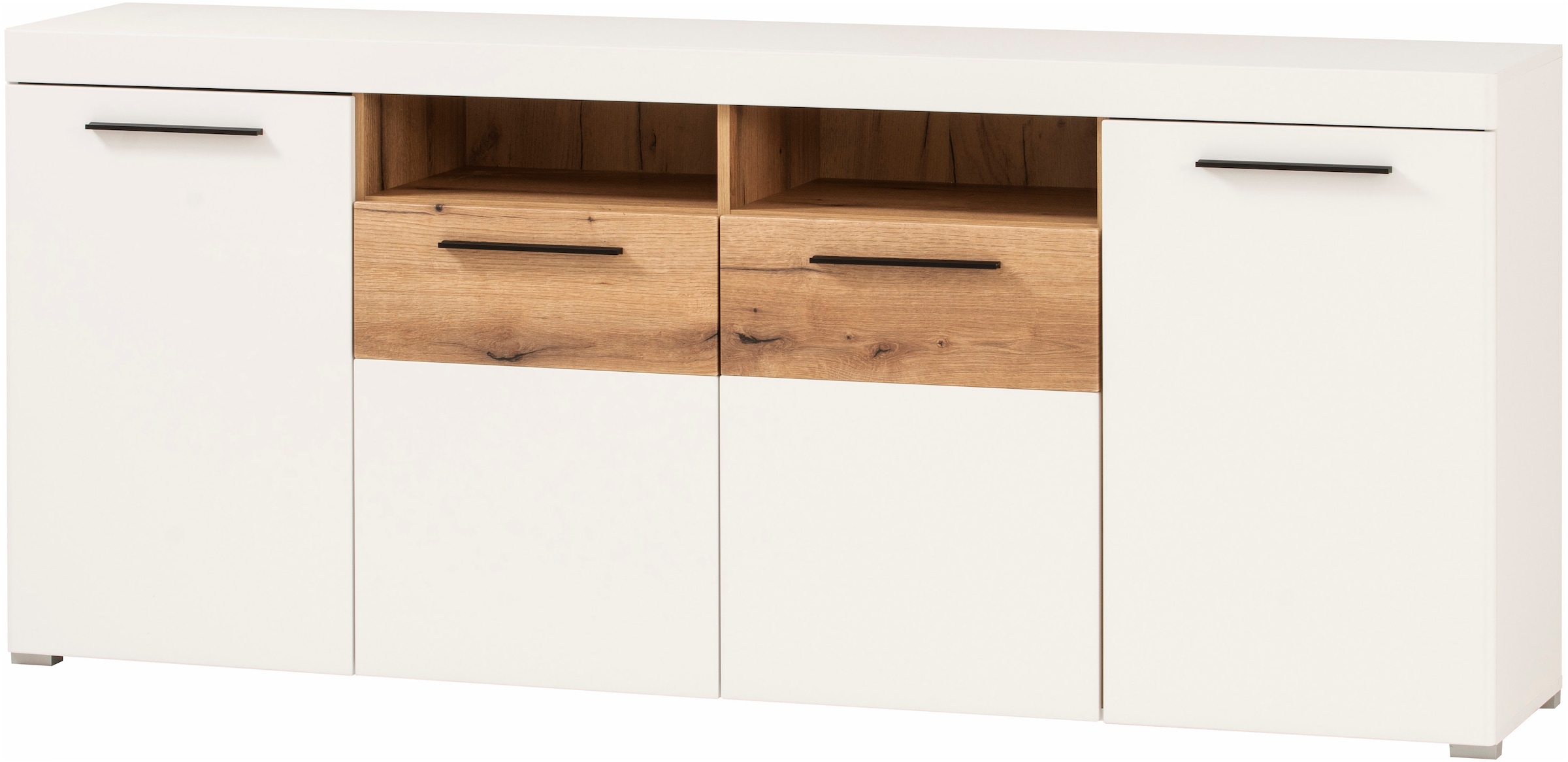 INOSIGN Sideboard »Salerno, moderner Schrank, Highboard in Weiss mit Eiche Evoke Dekor«, Metallgriffe, ausreichend Stauraum, vielseitig einsetzbar, 205cm breit
