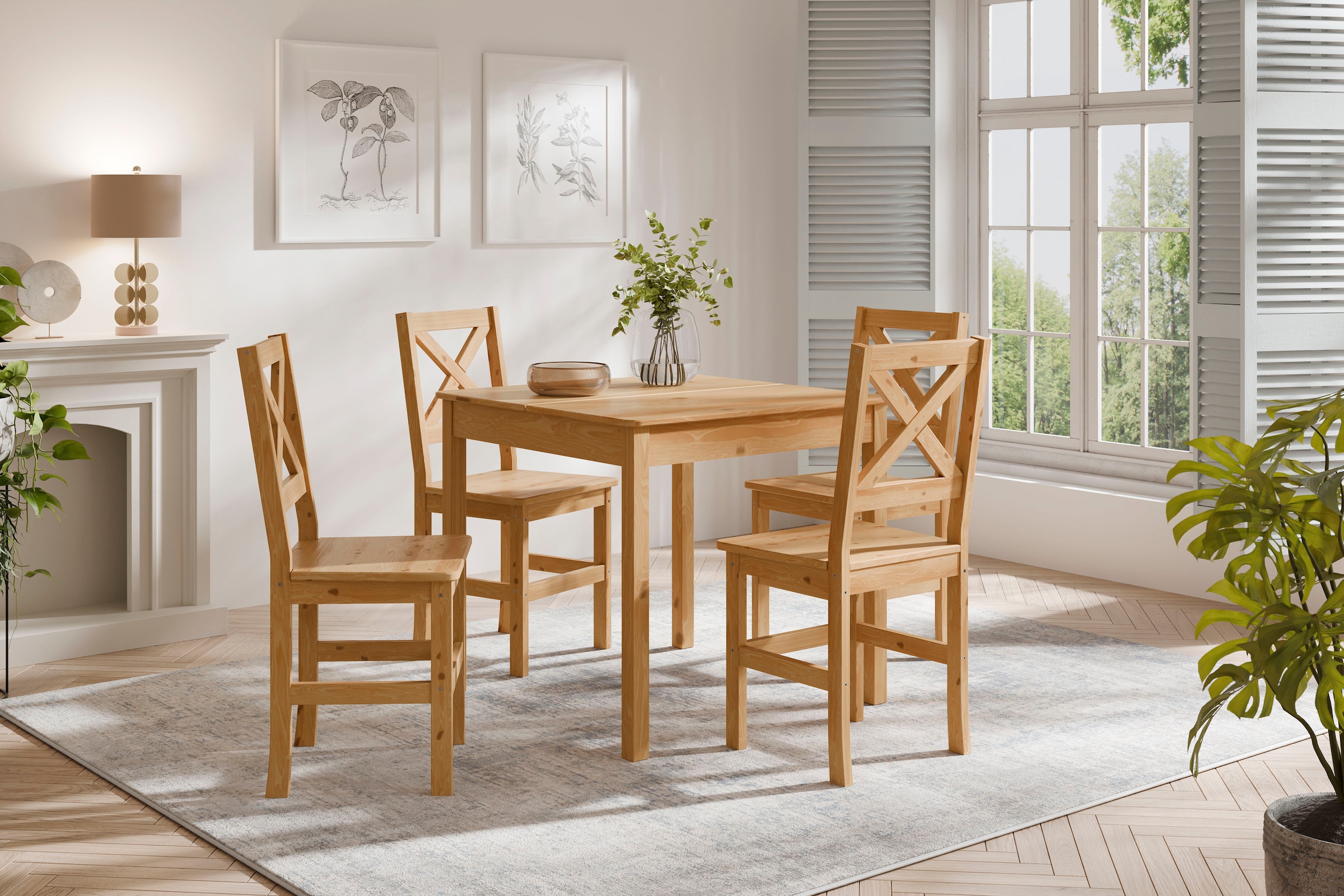 Image of Home affaire Essgruppe "Malmö" Set, 5 Stk. tlg. bestehend aus Tisch und Stühlen in Kiefer Massivholz naturfarbig