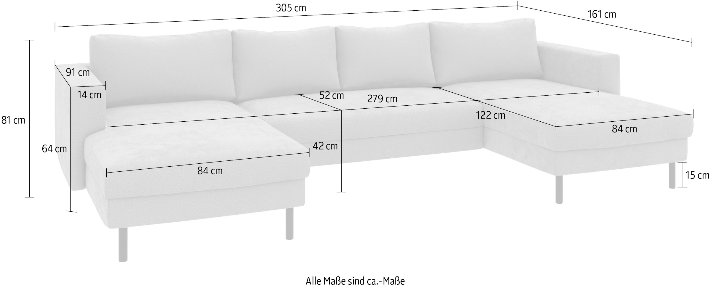 TRENDMANUFAKTUR Paysage de salon »Amazing II, wahlw. mit Schlaffunktion & Bettkasten, Fuss schwarz« Sofa in U-Form, in Cord, Struktur LEO o. Struktur LINO, Breite 305 cm