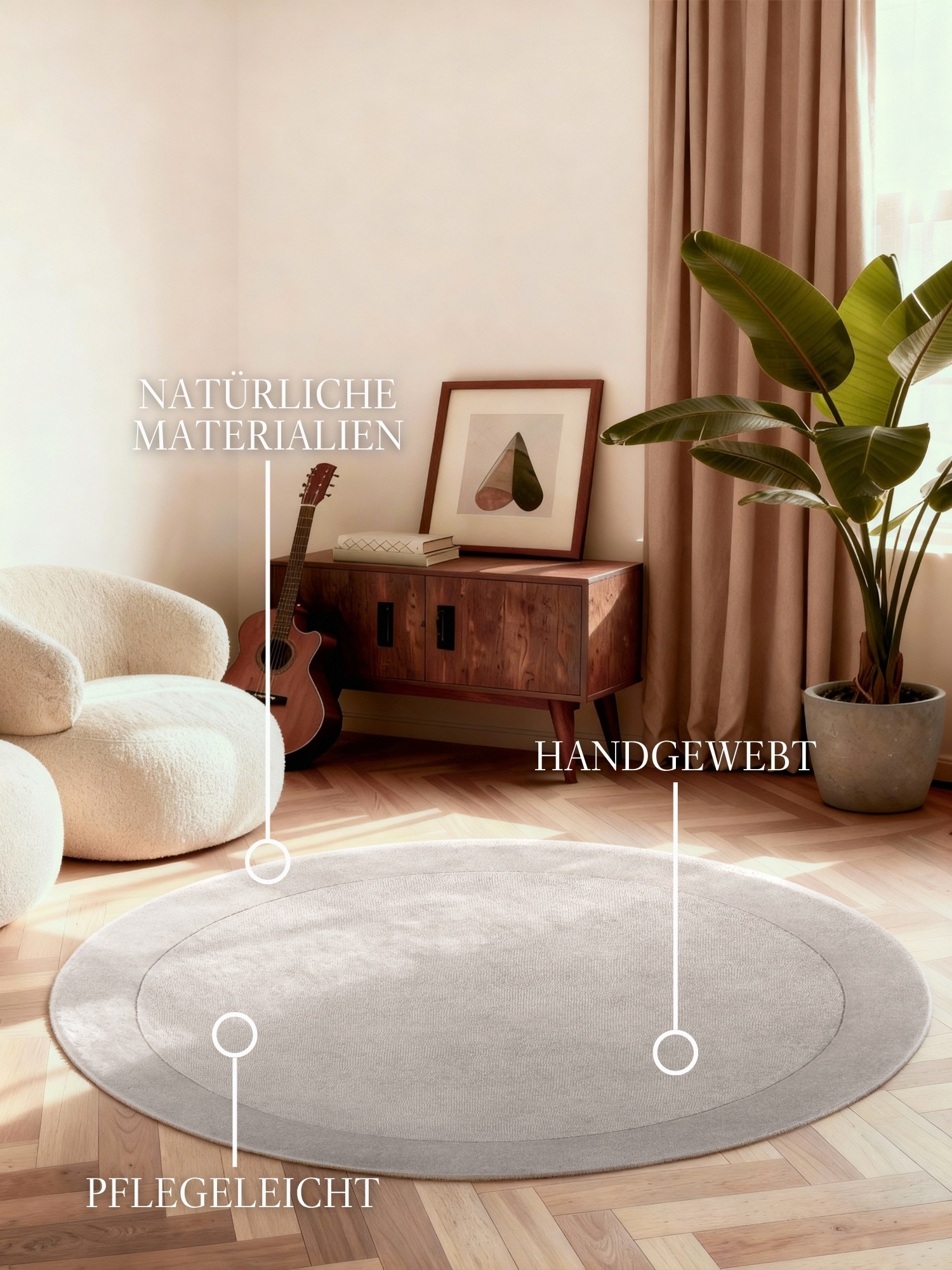 THE RUGS Villeroy & Boch 1812 Kari Handmade Soft Wool Blend Bordered Rug in Grey | Size: 150cm diameter