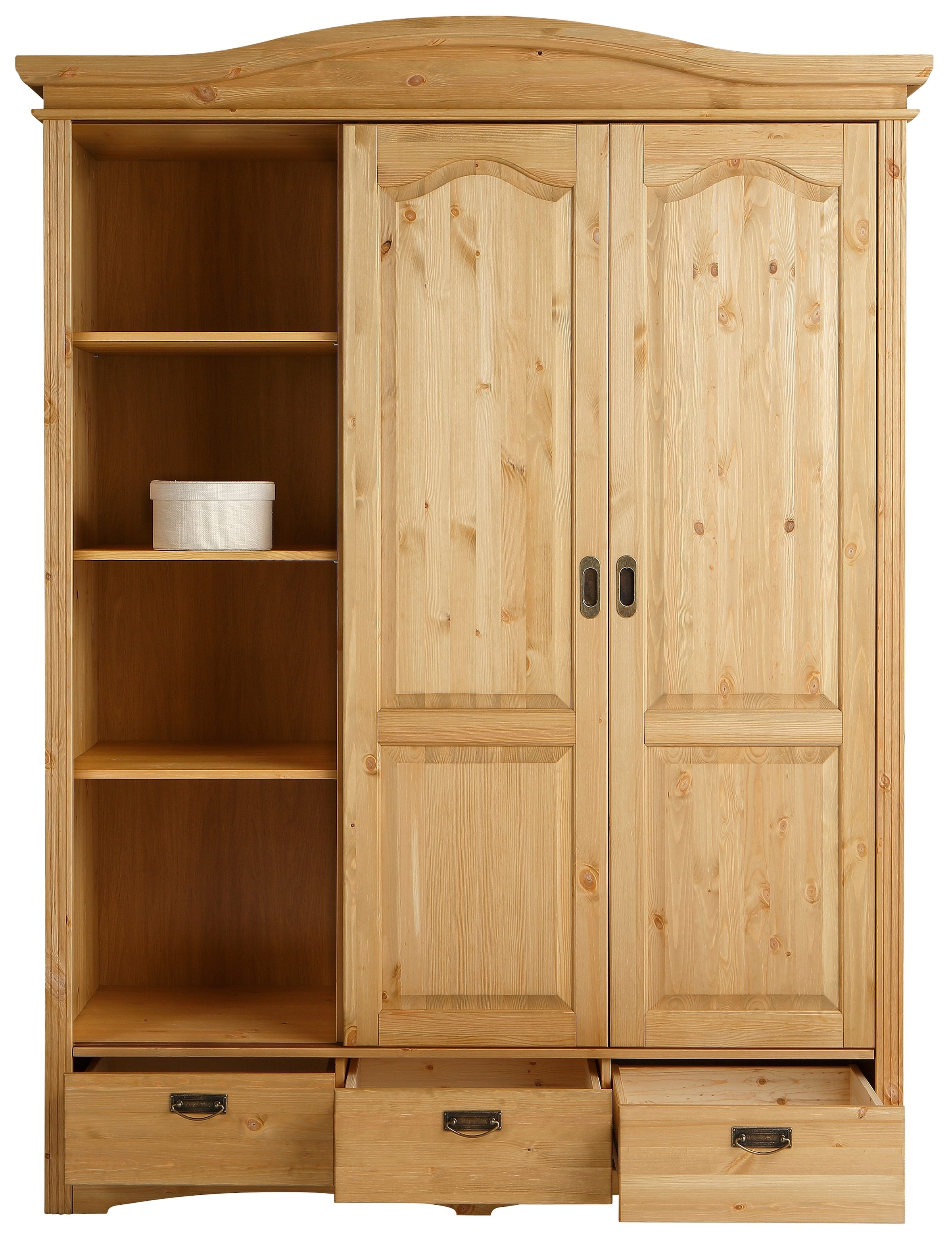 Home affaire Schiebetürenschrank »Konrad, Landhausstil, rustikal, mit Schubladen + Spiegel, Kassetten« 3 Breiten: 153/202/249 cm  H/T ca.207/64 cm,  massive Kiefer, FSC®-zertifiziert, Messinggriffe, mehrere Varianten