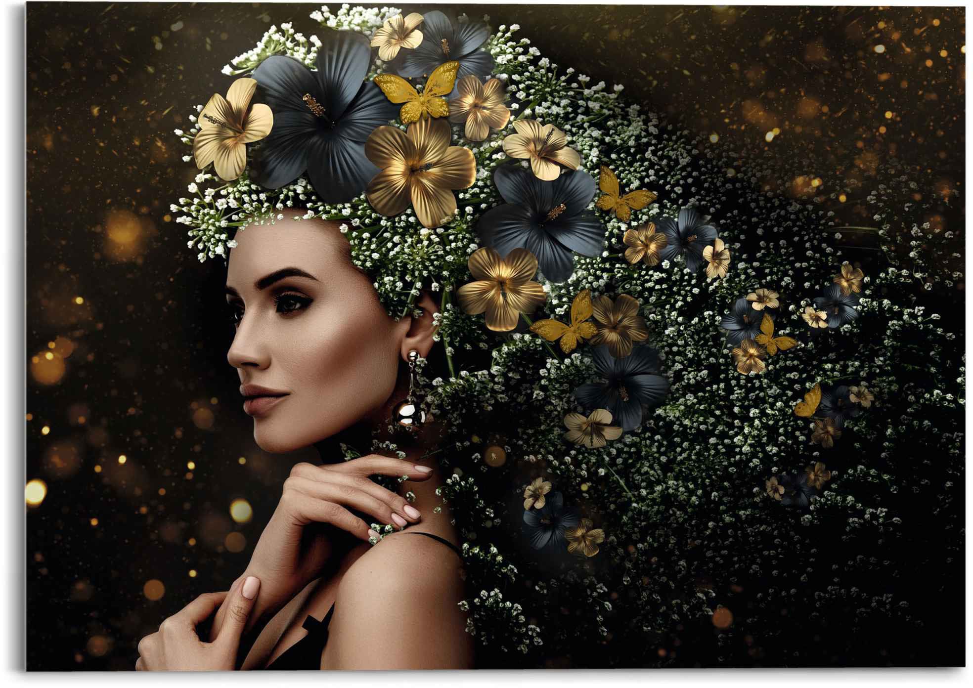 Image of Reinders Glasbild "Glasbild Elegante Frau Blumen - Festlich - Schmetterling - Eleganz" Frau 1 Stk. tlg.