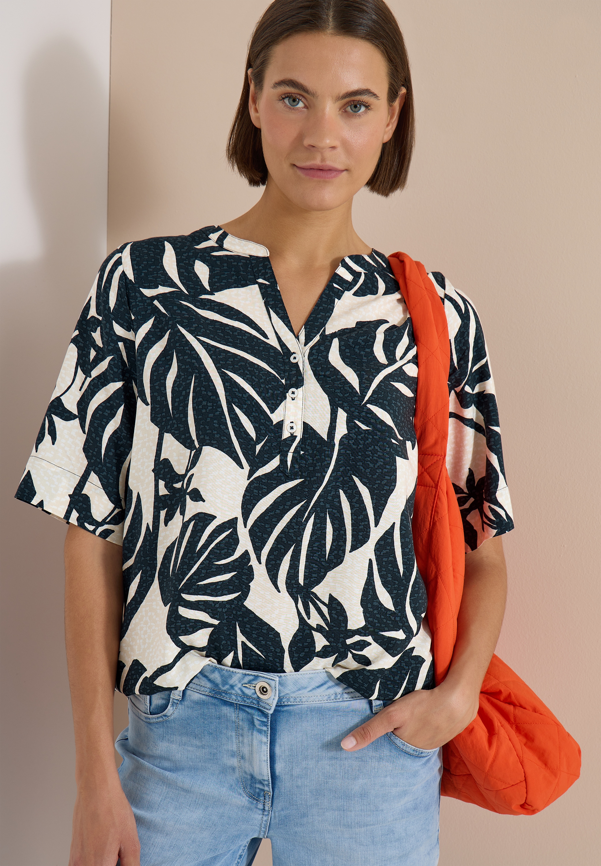 Cecil Shirtbluse Kurzarm Sommerbluse mit Split Neck