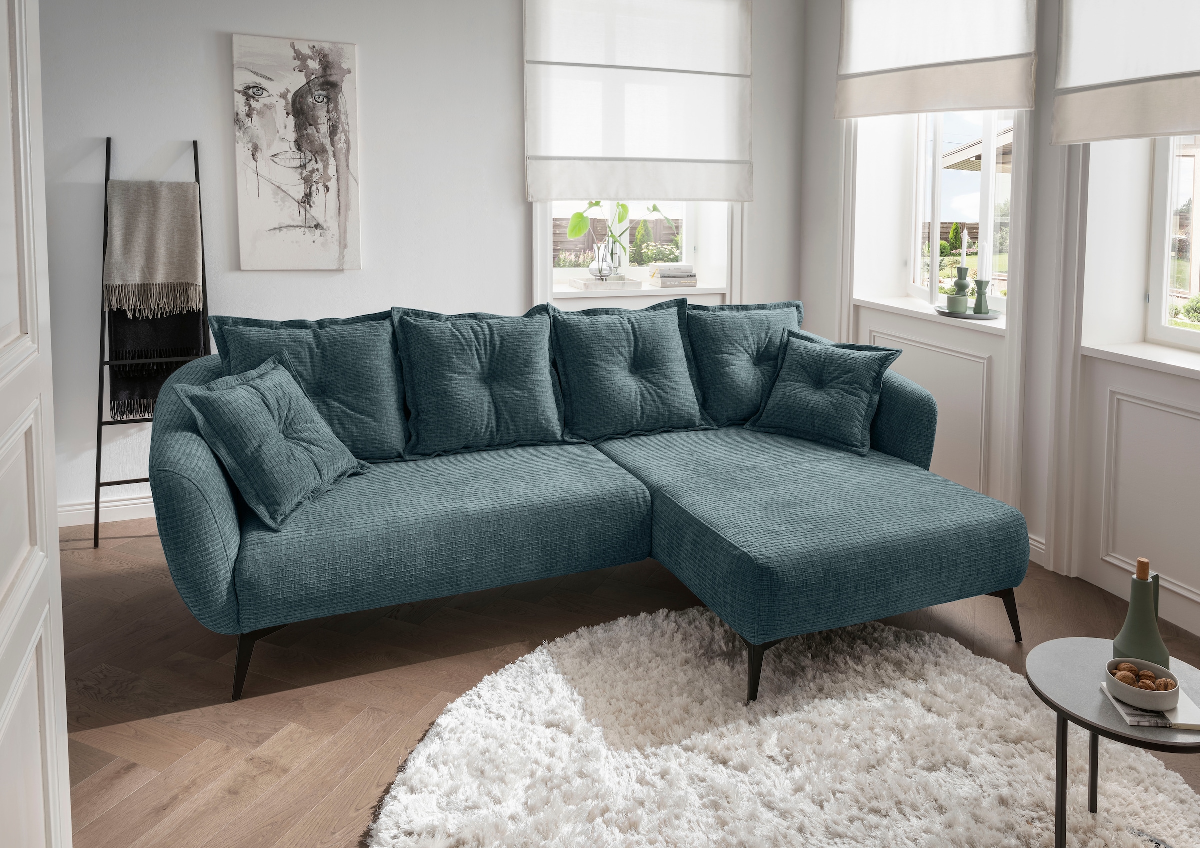 Home affaire Ecksofa »Baggio Stellmasse 277/162 cm, modern & elegant, hoher Fuss« L-Form, schwarze Metallfüsse