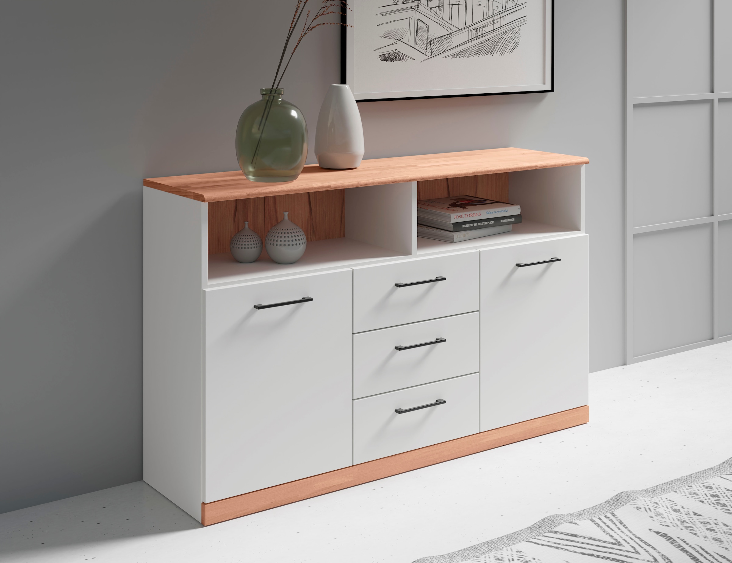 GOODproduct Sideboard »Ribe,130cm breit,80cm hoch,Oberplatte Holz massiv,6 Fächer« Oberplatte Kernbuche massiv,schwarze Metall Griffe