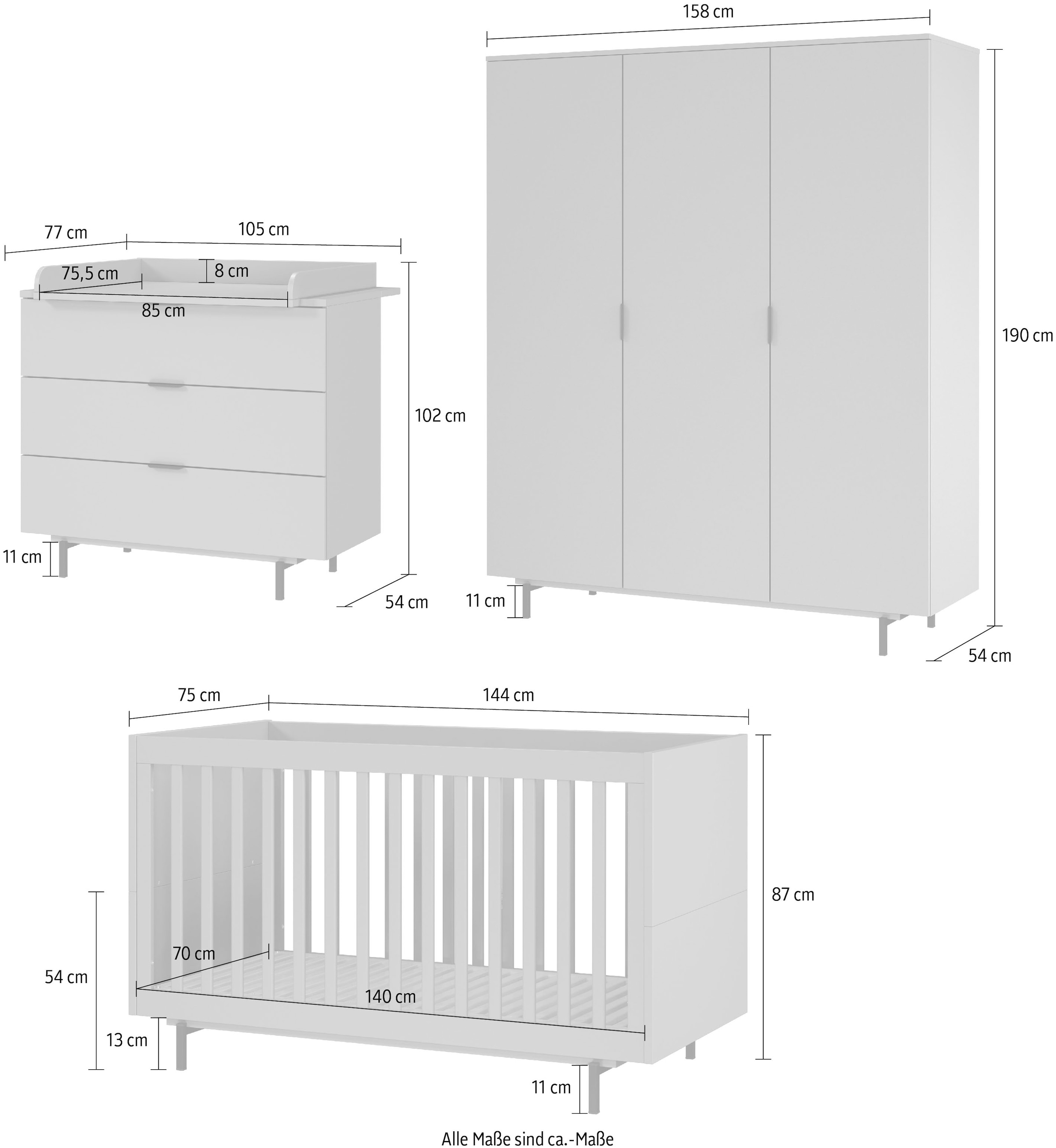GERMANIA Babymöbel-Set »Tomino« Set, 4 Stk. tlg. modernes Design, mitwachsendes Komplett-Set mit grossem Schrank