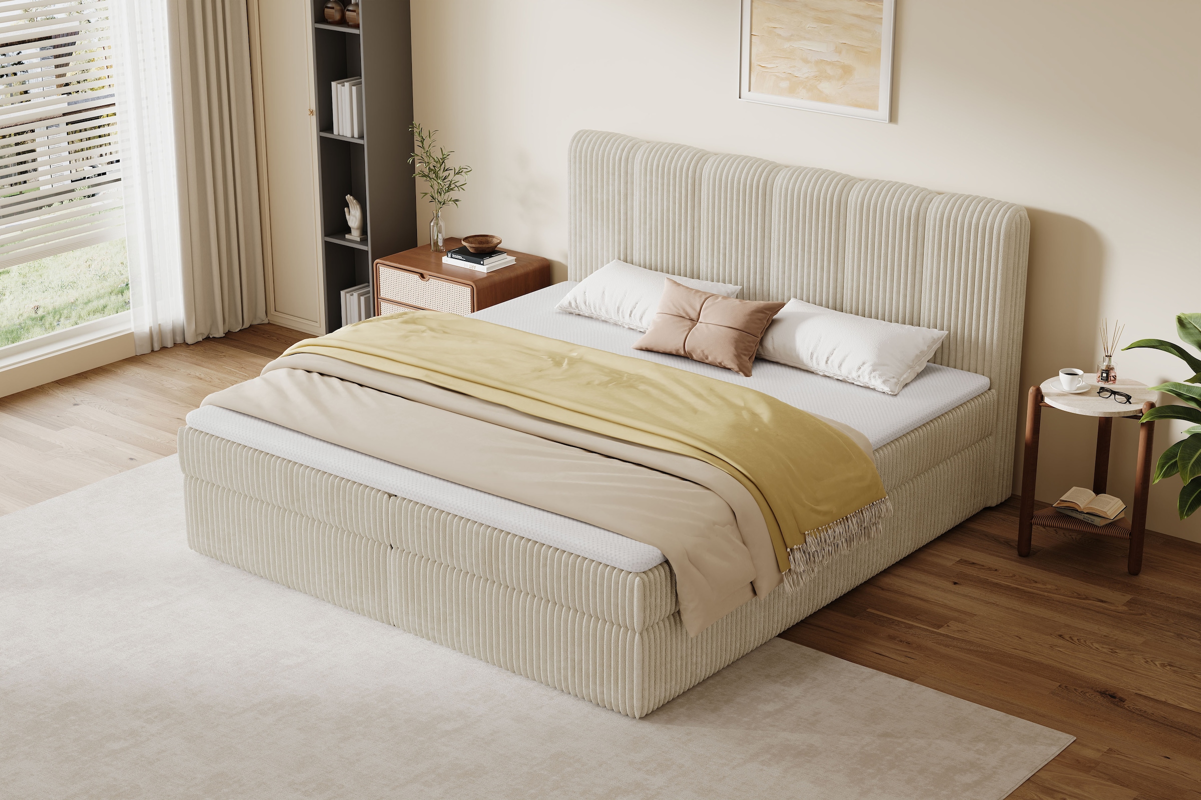 GOODproduct Lit de boxe »SIVVA in der Breite 180cm, flauschiger Breitcord, Farbe: cream« Incl. matelas à ressorts ensachés (H3) & surmatelas (4 cm)