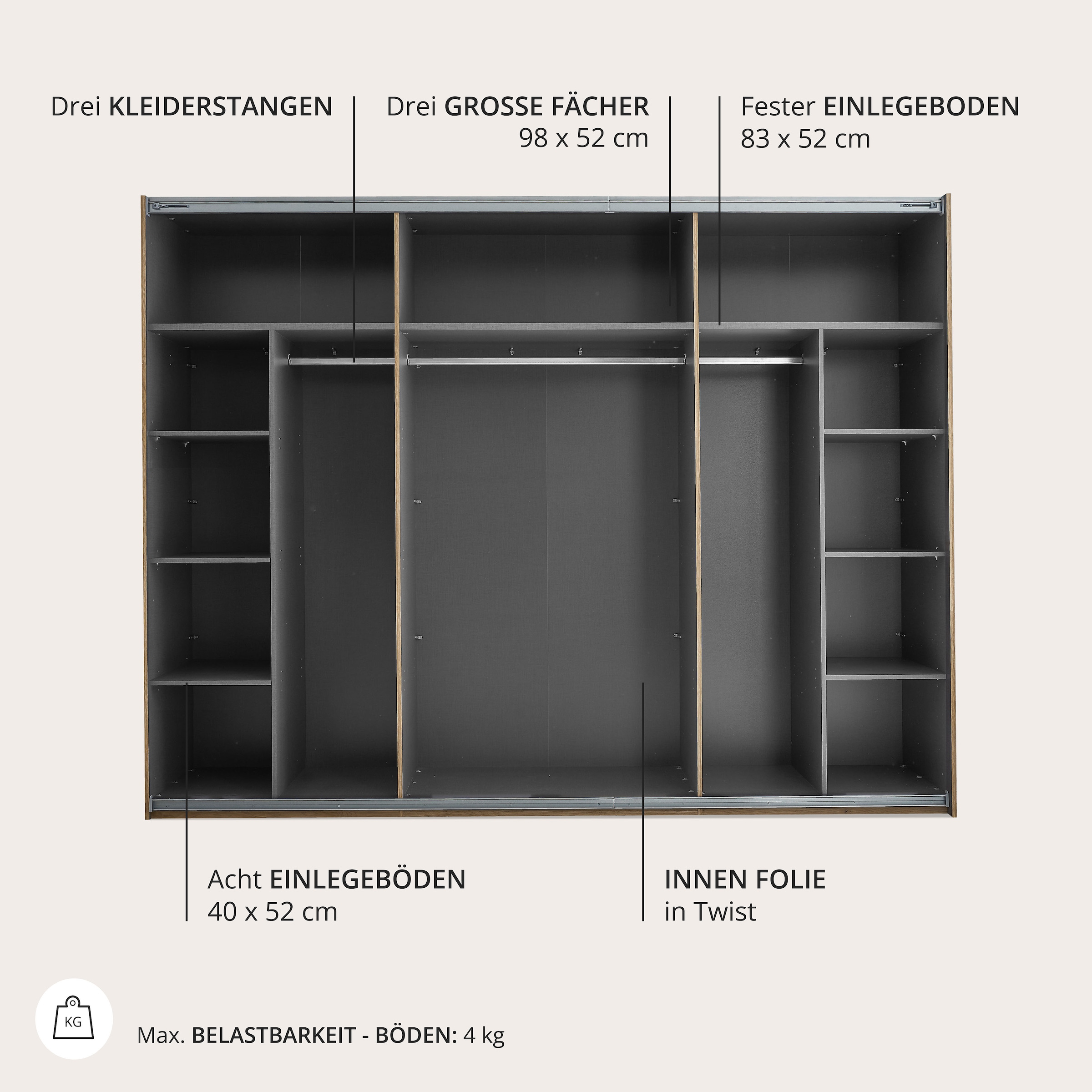 Schlafkontor Armoire à portes coulissantes »Mesio, 2-türiger Kleiderschrank, Schiebetürenschrank mit viel Stauraum« inklusive Hoteleinteilungen aussen und Einlegeböden oben