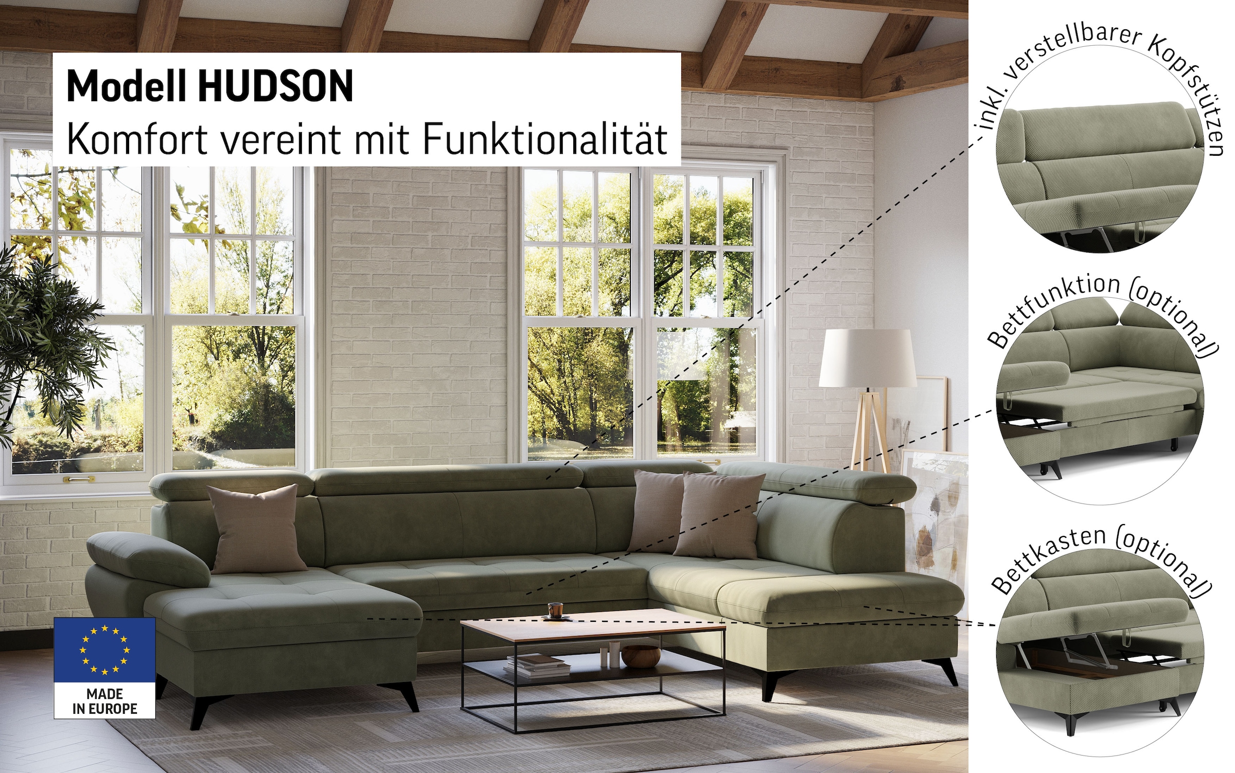 COTTA Wohnlandschaft »Hudson U-Form«, mit Kopfteilverstellung, wahlweise mit Bettfunktion & Bettkasten