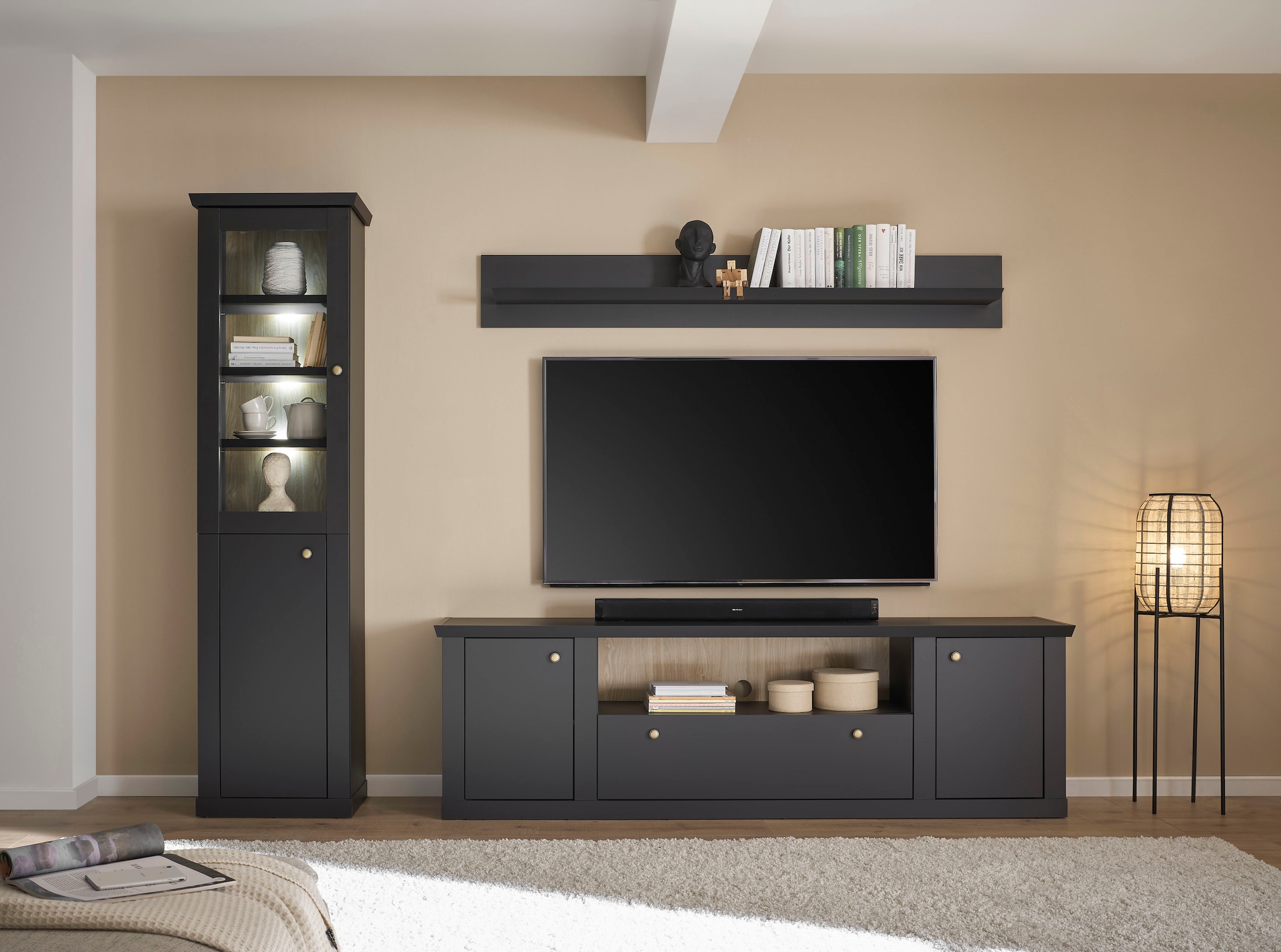 Home affaire Lowboard »Lincoln, moderner TV-Schrank, schwarze Kommode, TV-Unterschrank« edles Design, messingfarbene Knopfgriffe, in 2 Grössen verfügbar