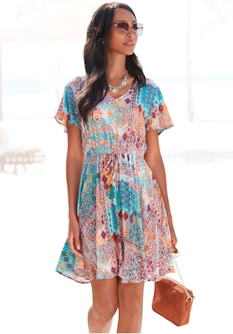 Druckkleid, aus gekreppter Viskose, farbenfrohes Sommerkleid, Strandkleid