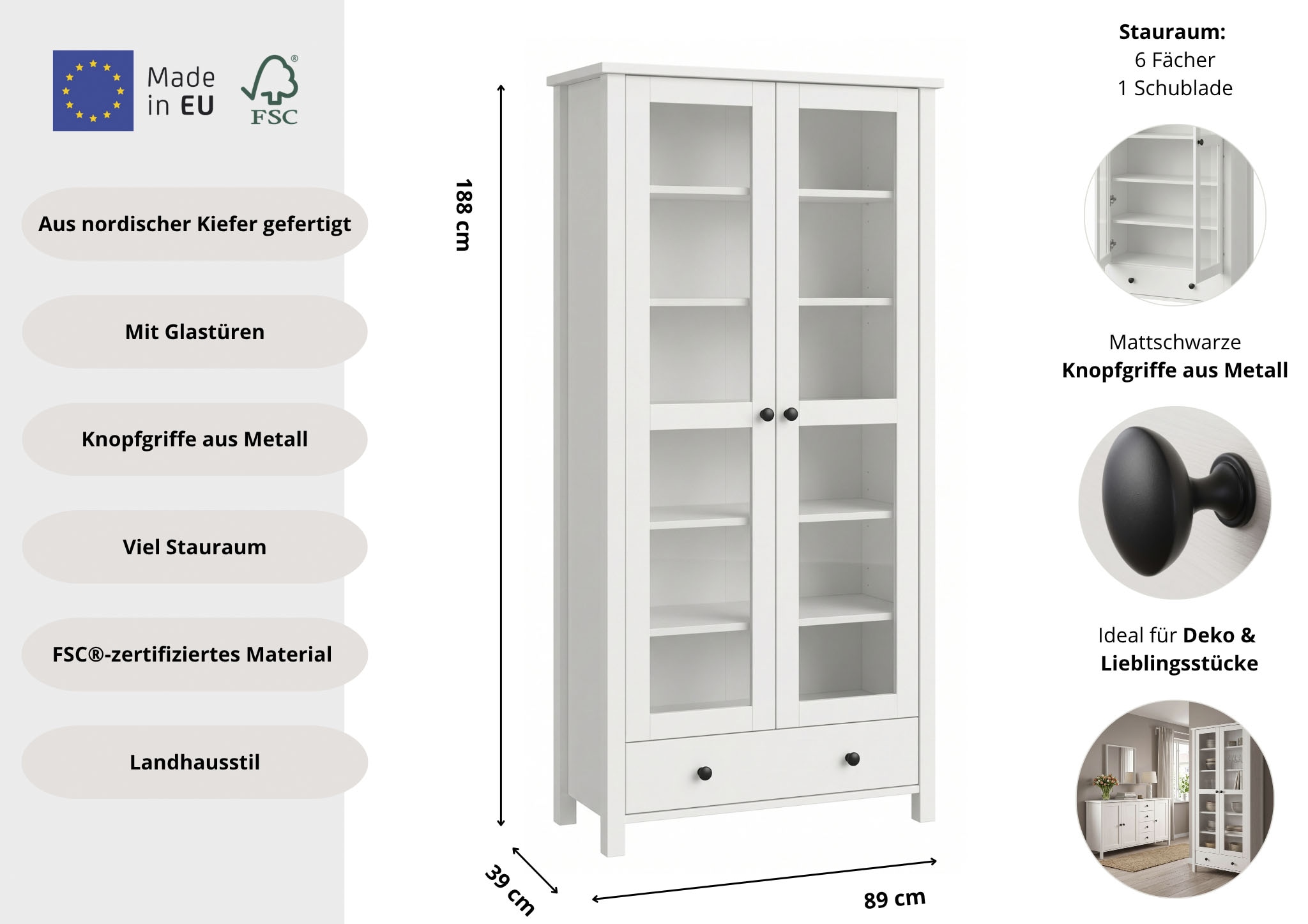 GOODproduct Vitrine »Mikkeli Glasvitrine mit 1 Schubkasten, Knopfgriffen aus Metall« aus massiver FSC®-zertifizierter Kiefer, moderner Landhausstil