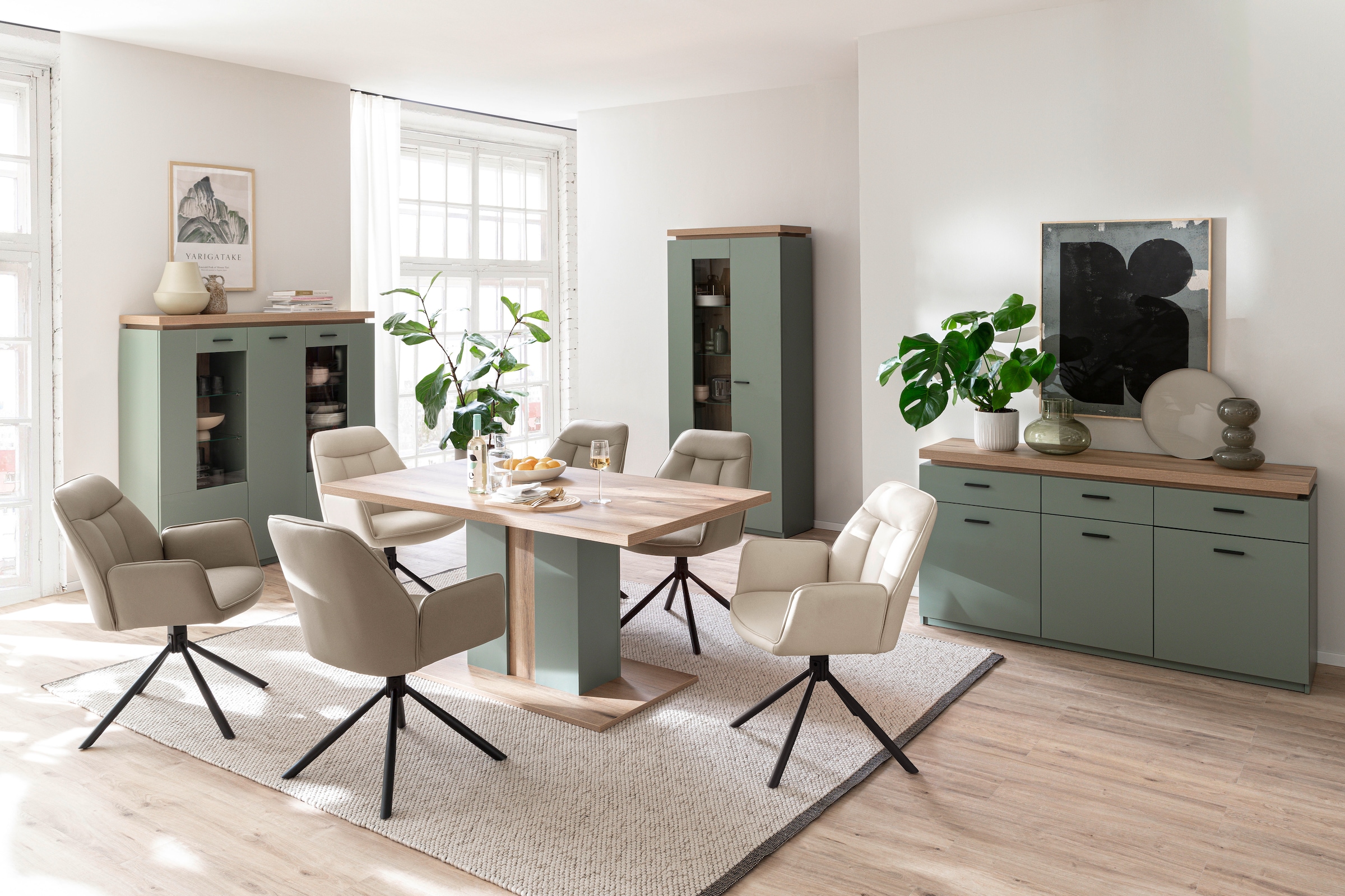 MCA furniture Highboard »MONIZ Highboard« 1 Stk. tlg. Hochkommode,Kommode,Eiche,Salbeigrün,3 Türen,gedämpft,Breite 138 cm