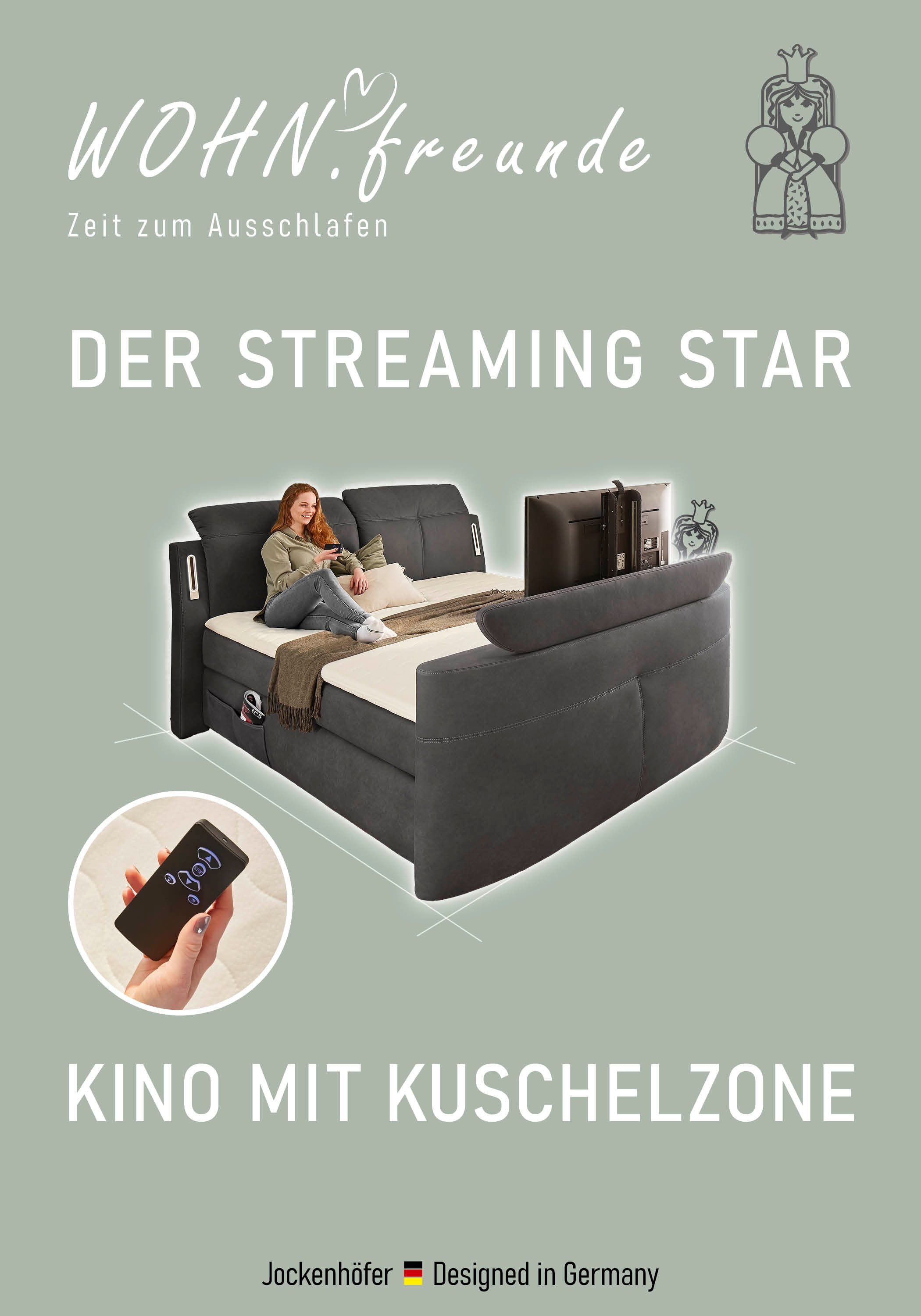 Jockenhöfer Gruppe Lit boxspring »Movie Star in der Grösse 180x200cm« avec élévateur TV escamotable et télécommande, appuie-têtes réglables