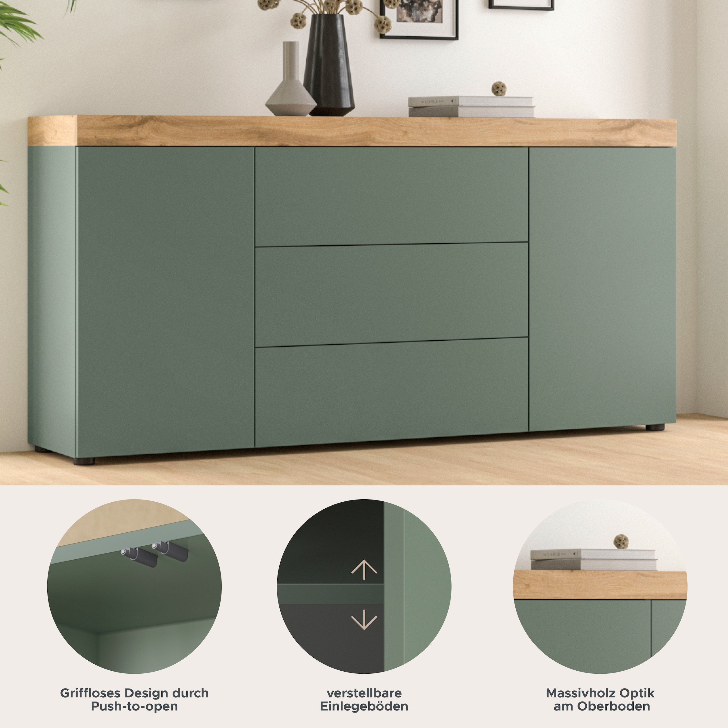 GOODproduct Sideboard »MAMBO, TOPSELLER!, Breite 160cm, 2 Türen, 3 Schubkästen, push-2-open« 2 farbige Ausführung, in verschiedenen Farben erhältlich, 1 Stk. tlg. Kommode, Anrichte, Wohnzimmer, Schlafzimmer