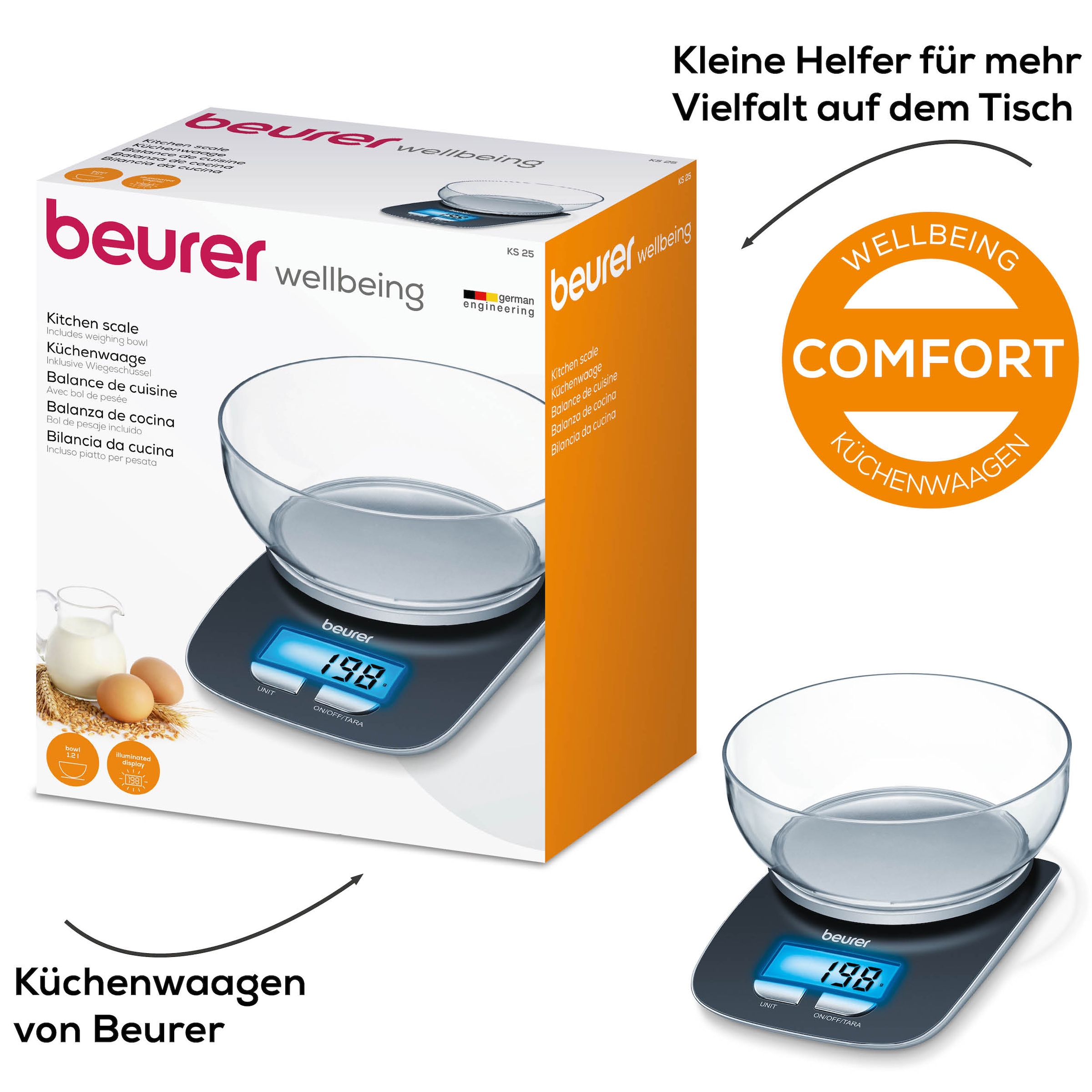 Image of BEURER Küchenwaage "KS 25 Haushaltswaage, mit praktischer Schüssel, Tara-Zuwiegefunktion" Koch- und Backwaage mit 3 kg Tragkraft und Schüssel mit 1,2l