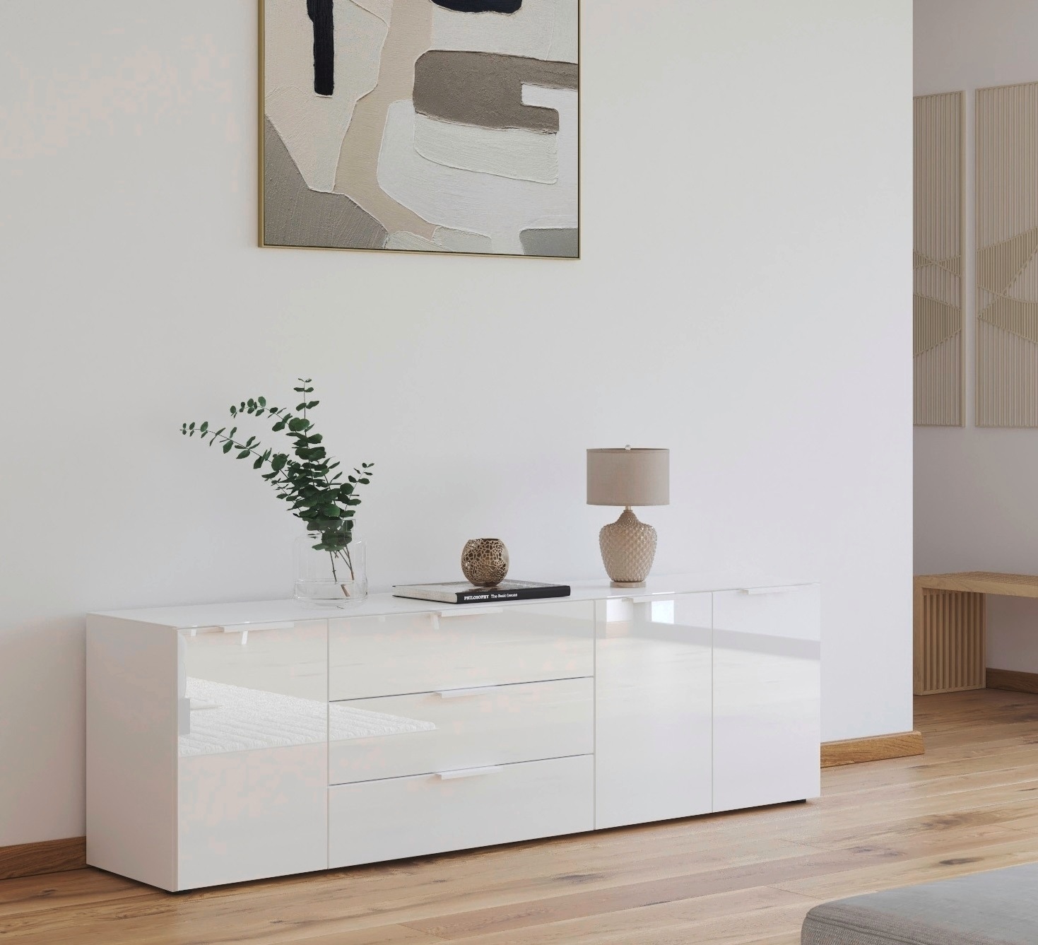 rauch Kombikommode "Kommode Türkommode Sideboard Kombikommode FLIPP mit Glasfront" Breite 200 cm mit 2 Einlegeböden, 3-türig, 3 Schubladen, Soft-Close-Funktion, Oberboden und Front Glas