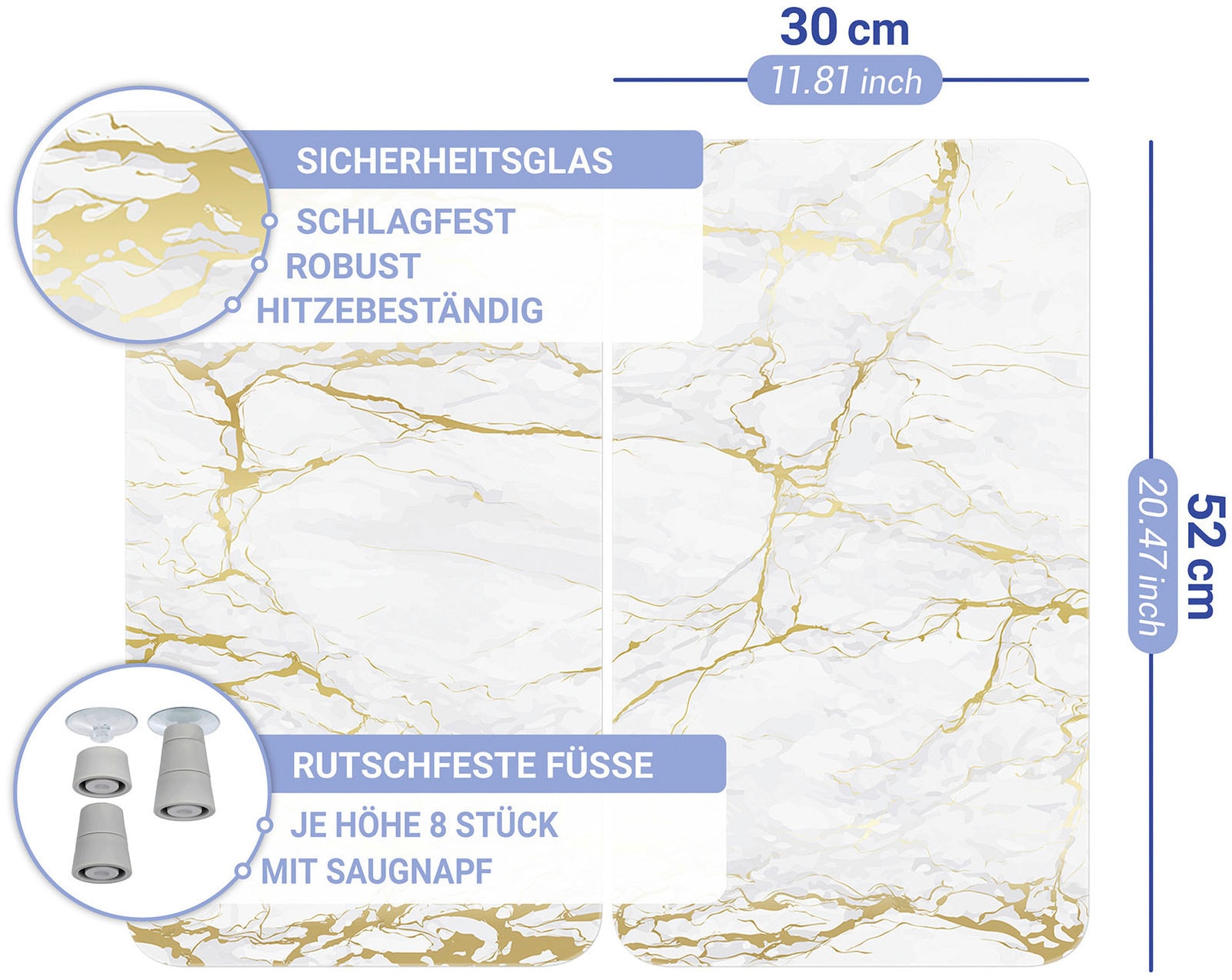 WENKO Herd-Abdeckplatte »Universal Modell Marmor Goldfarben«, (Set, 2 tlg.), Herdabdeckung für alle Herdarten, kratzfest, mit rutschfesten Füssen