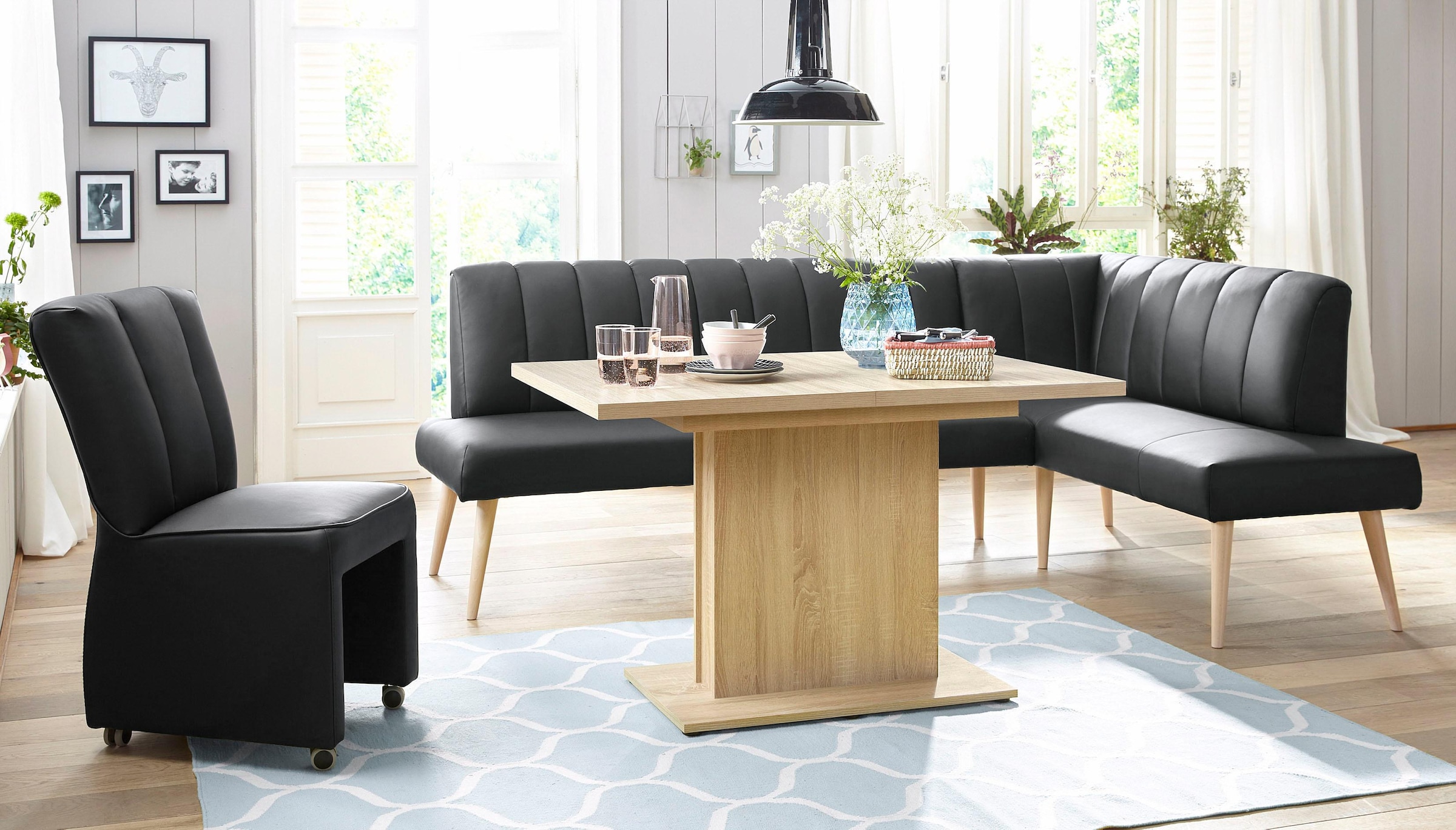 exxpo - sofa fashion Eckbank »Costa, moderne Rückensteppung, bequem und elegant, hoher Holzfuss«, hochwertig verarbeitet, Frei im Raum stellbar