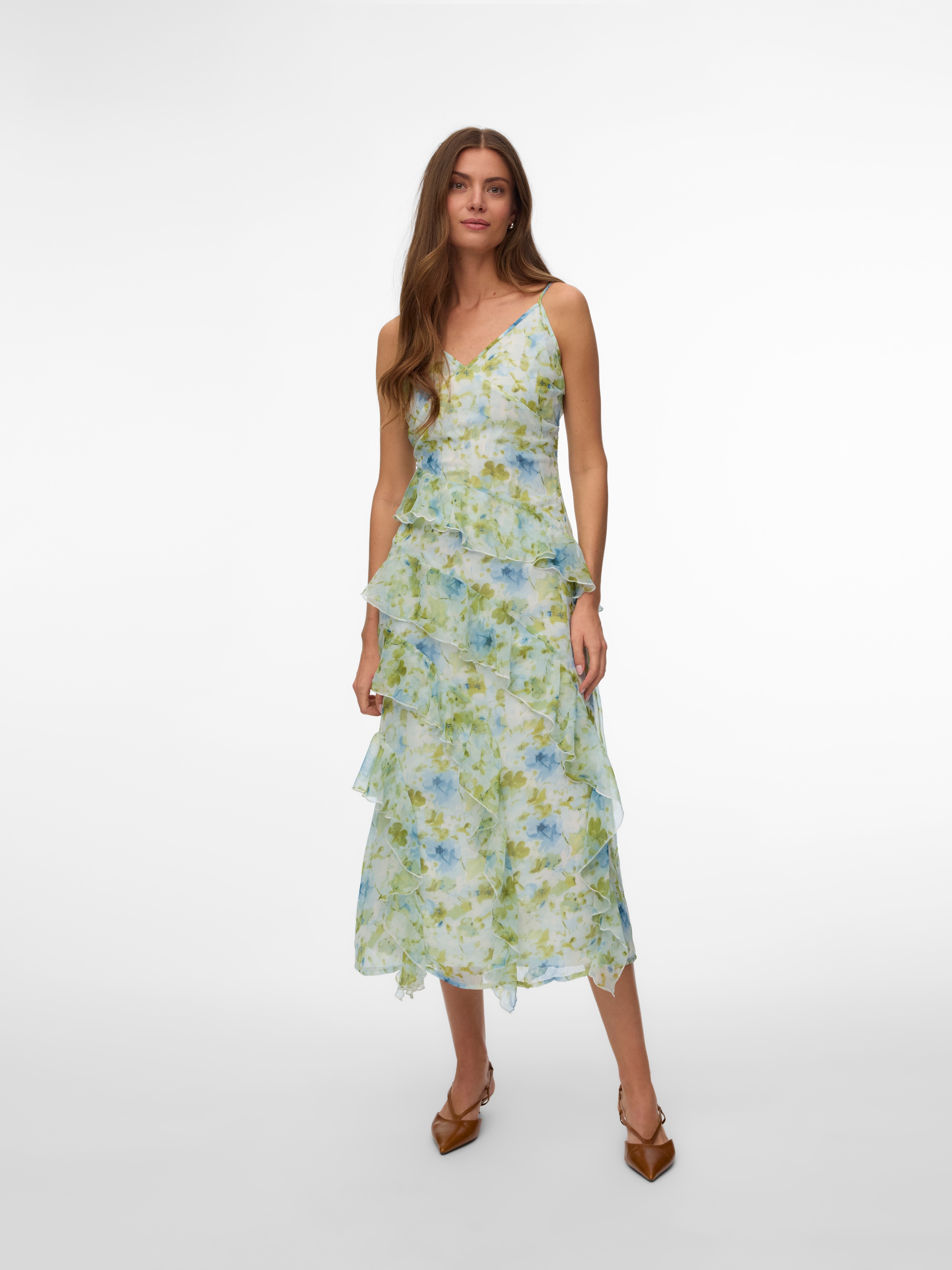 Image of Vero Moda Trägerkleid "VMSMILLA S/L V-NECK LONG FRILL DRESS WVN" Kunstfaser