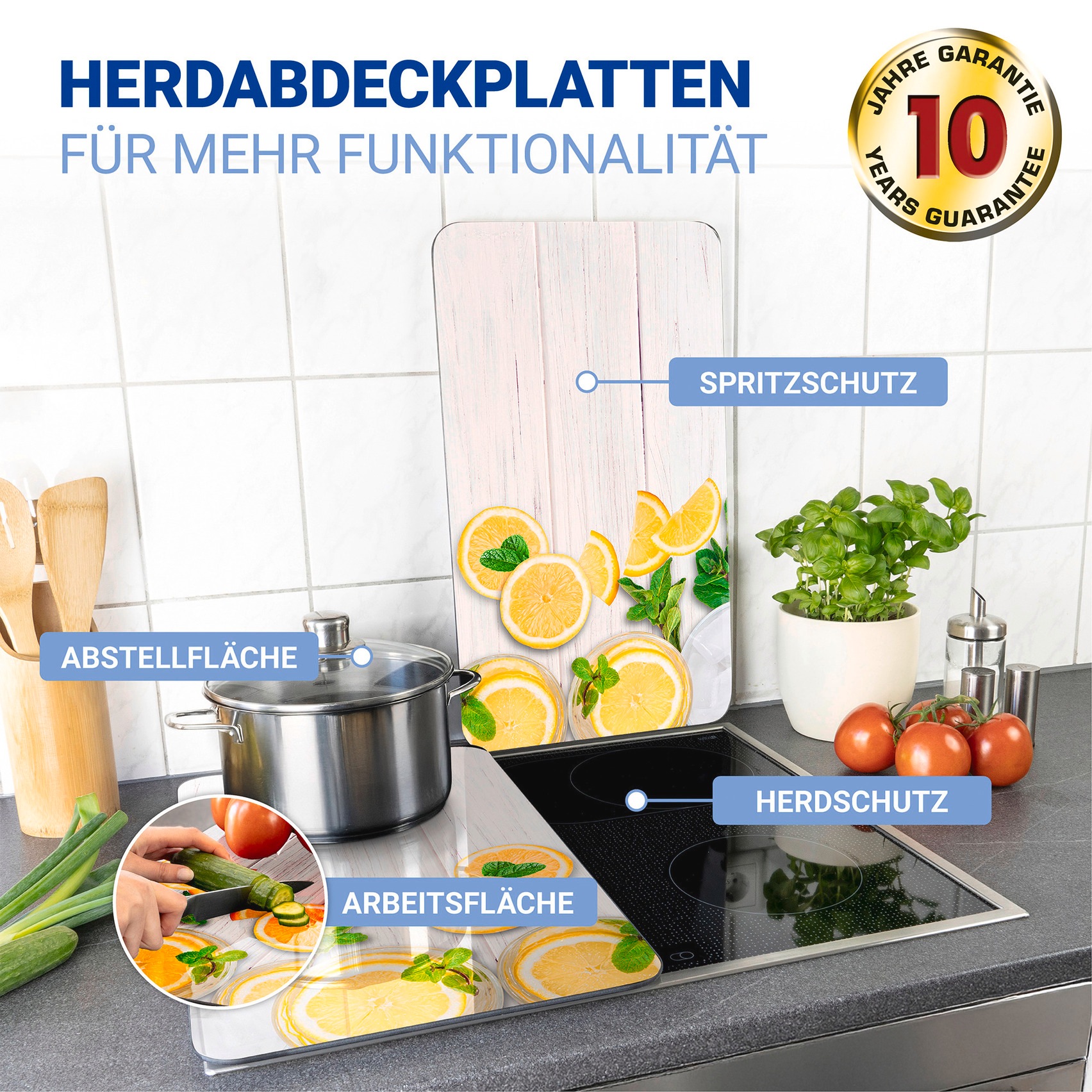 WENKO Herd-Abdeckplatte »Universal Modell Zitronen«, (Set, 2 tlg.), Herdabdeckung für alle Herdarten, kratzfest, mit rutschfesten Füssen